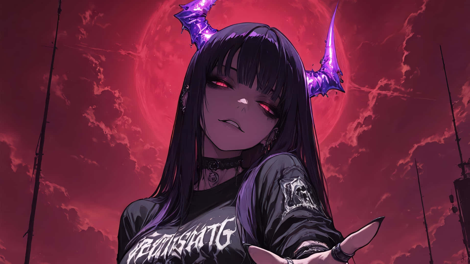  壁紙 — 一位黑髮動漫女孩，擁有發光的紅色眼睛和紫色惡魔角，站在血紅色的天空下，滿月高懸。