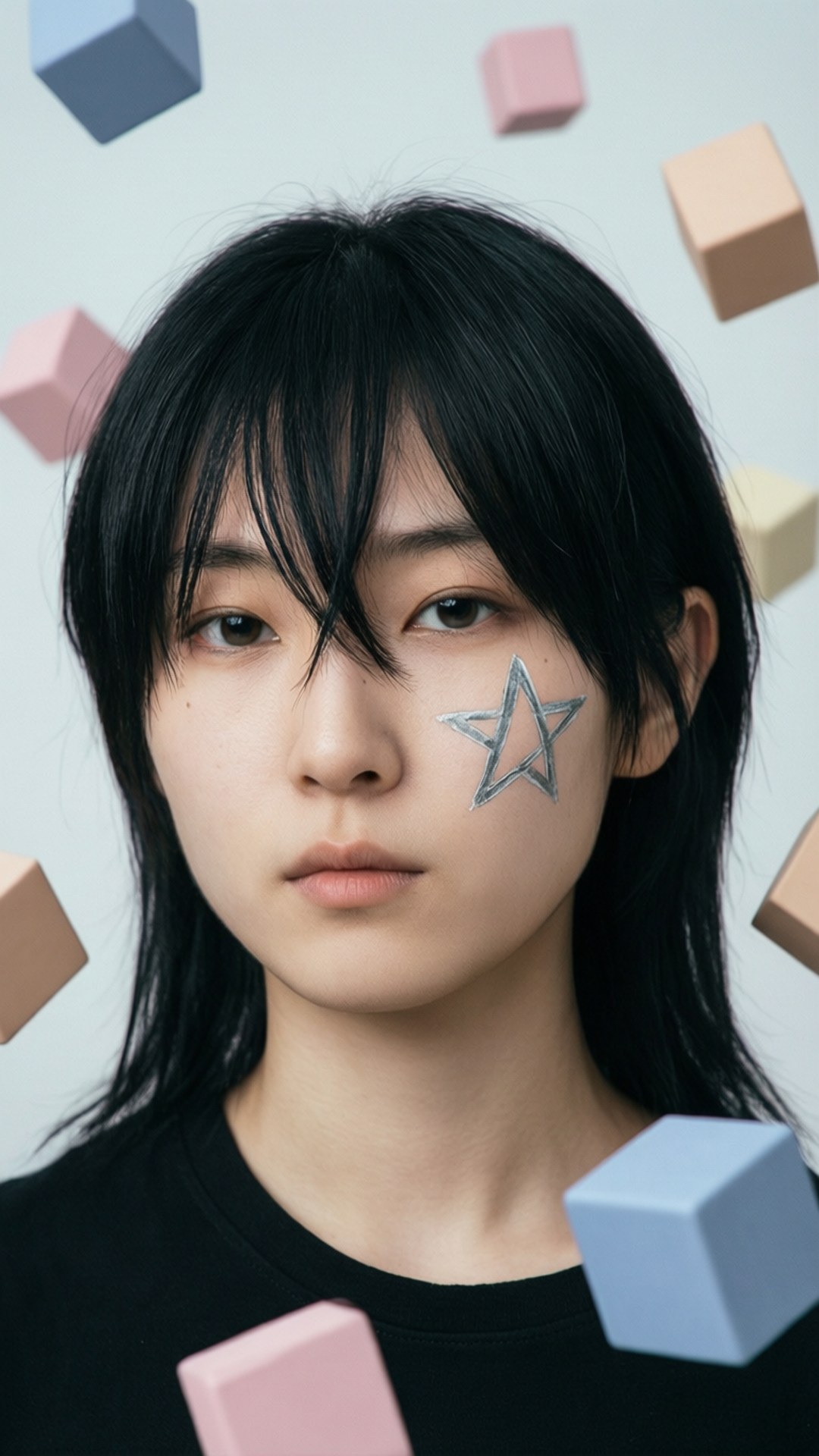 年輕女子帶有星星紋身和漂浮的粉彩色立方體在攝影棚