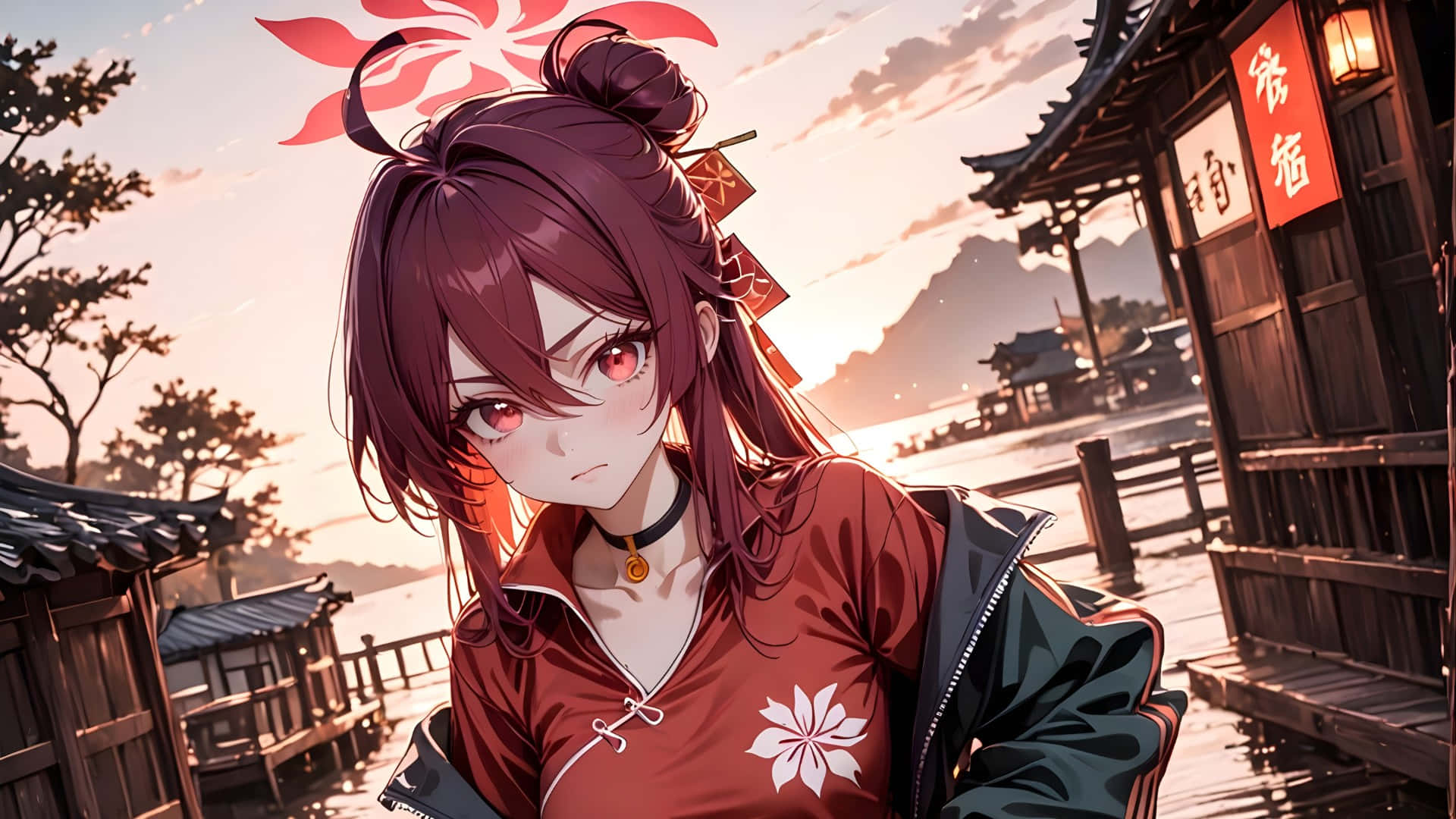  壁紙 — 一位紅髮動漫女孩穿著紅色和服，站在日落時分的木製日本旅館前，背景有山脈。