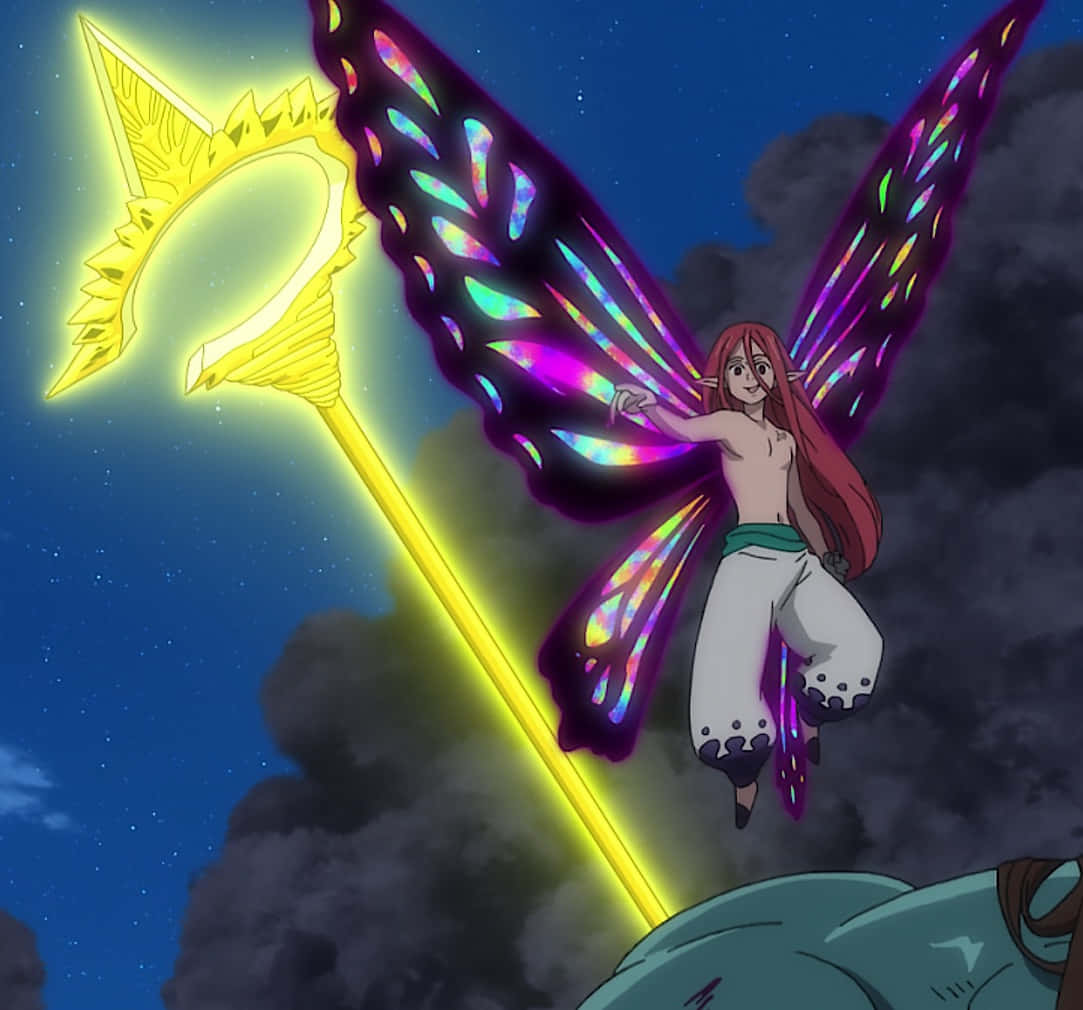 Seven Deadly Sins Gloxinia 桌布 壁紙 — 一位紅髮仙女揮舞著閃爍金色光芒的魔杖，背景是繁星點點、烏雲密佈的夜空。