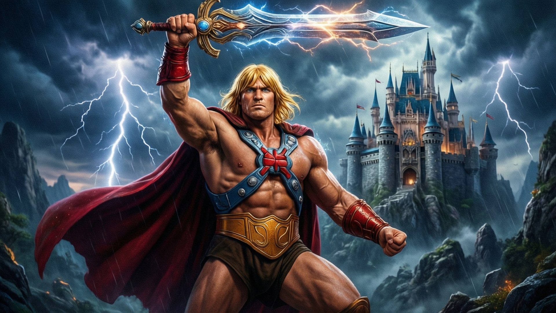 Masters Of The Universe 桌布 壁紙 — 一位肌肉發達的金髮戰士身穿紅色斗篷和盔甲，在閃電和遠處城堡的暴風雨天空中舉起一把發光的劍。