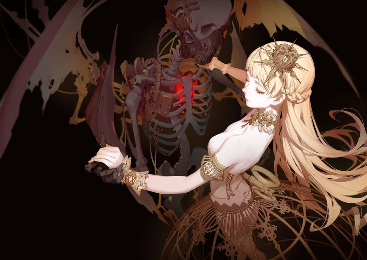  壁紙 — 一位金髮動漫少女身穿華麗金色盔甲，在黑暗抽象背景中，手持利刃站在一個發著紅光的骷髏身影旁邊。