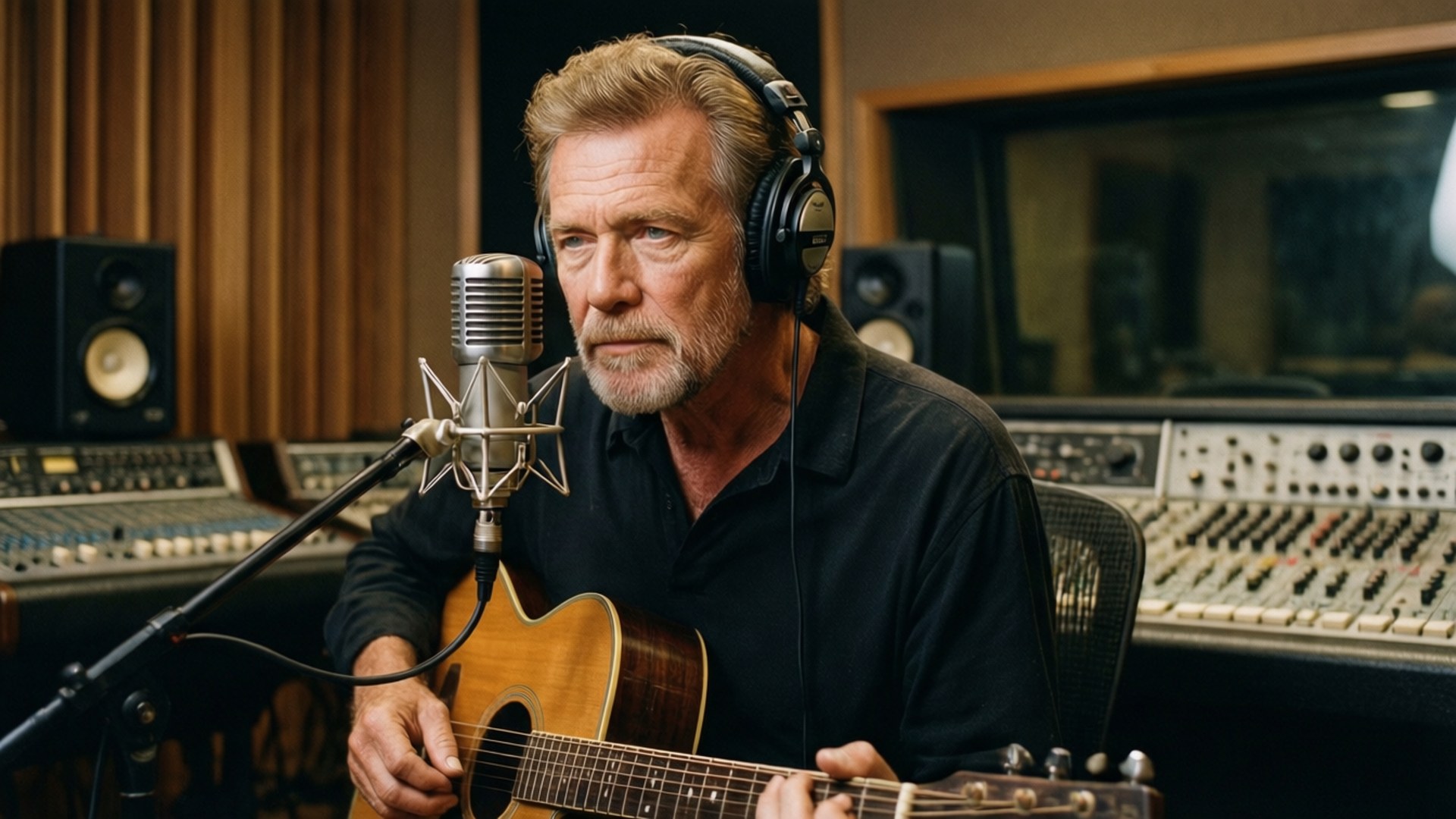 Glen Campbell 桌布 壁紙 — 一位經驗豐富的音樂家戴著耳機，對著復古麥克風唱歌，同時在專業錄音室彈奏原聲結他。