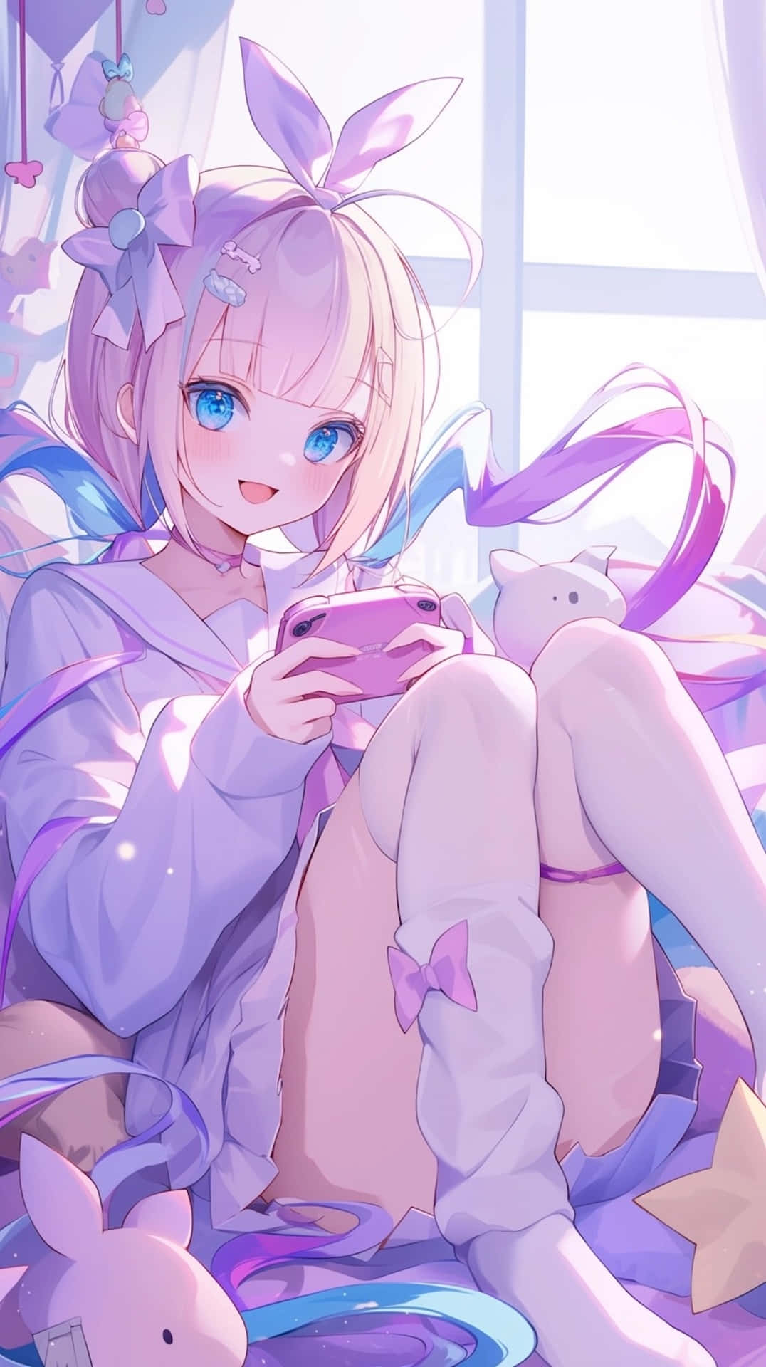Needy Streamer Overload 桌布 壁紙 — 一位開朗的動漫女孩，粉紅色頭髮和兔耳朵，在充滿陽光的房間裡微笑著拿著手機，房間裡佈滿了毛絨玩具。