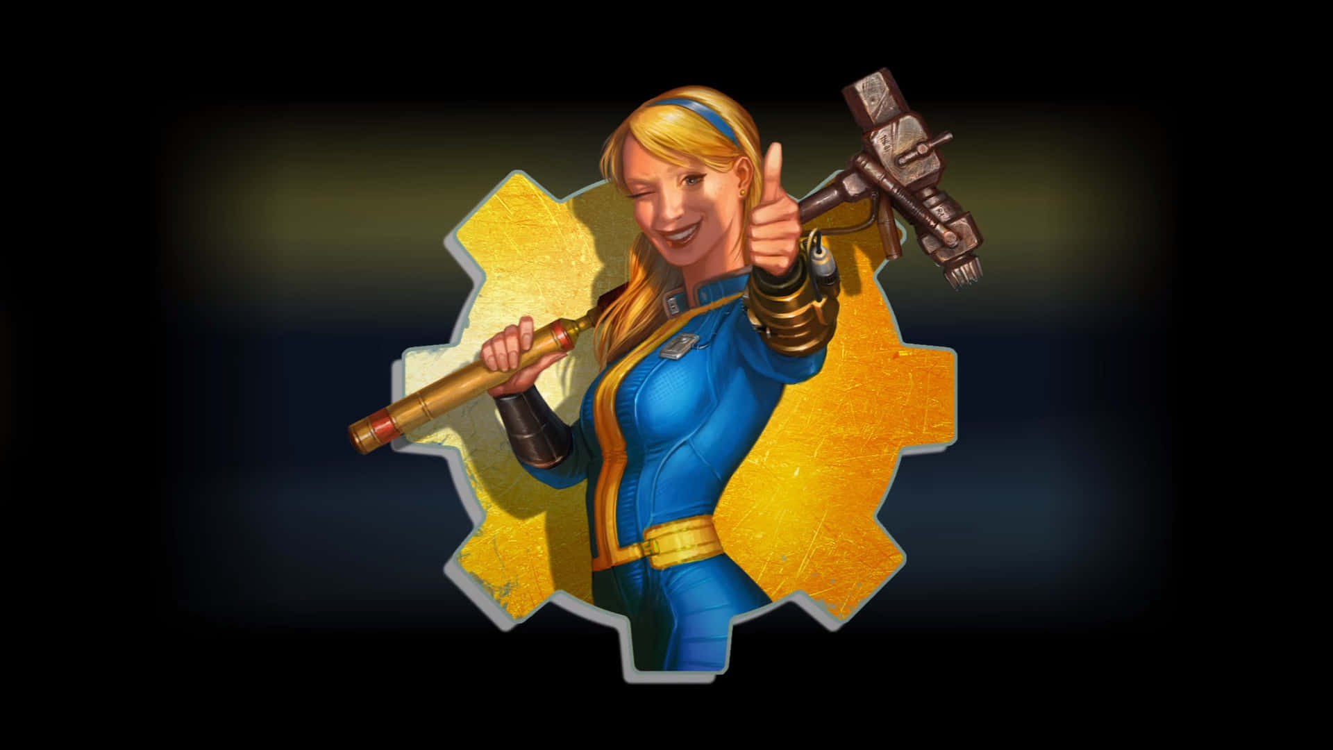 Vault-tec 桌布 壁紙 — 一位開朗的金髮女性身穿藍色連身工作服，在發光的黃色齒輪前手持電鑽和扳手，豎起大拇指。