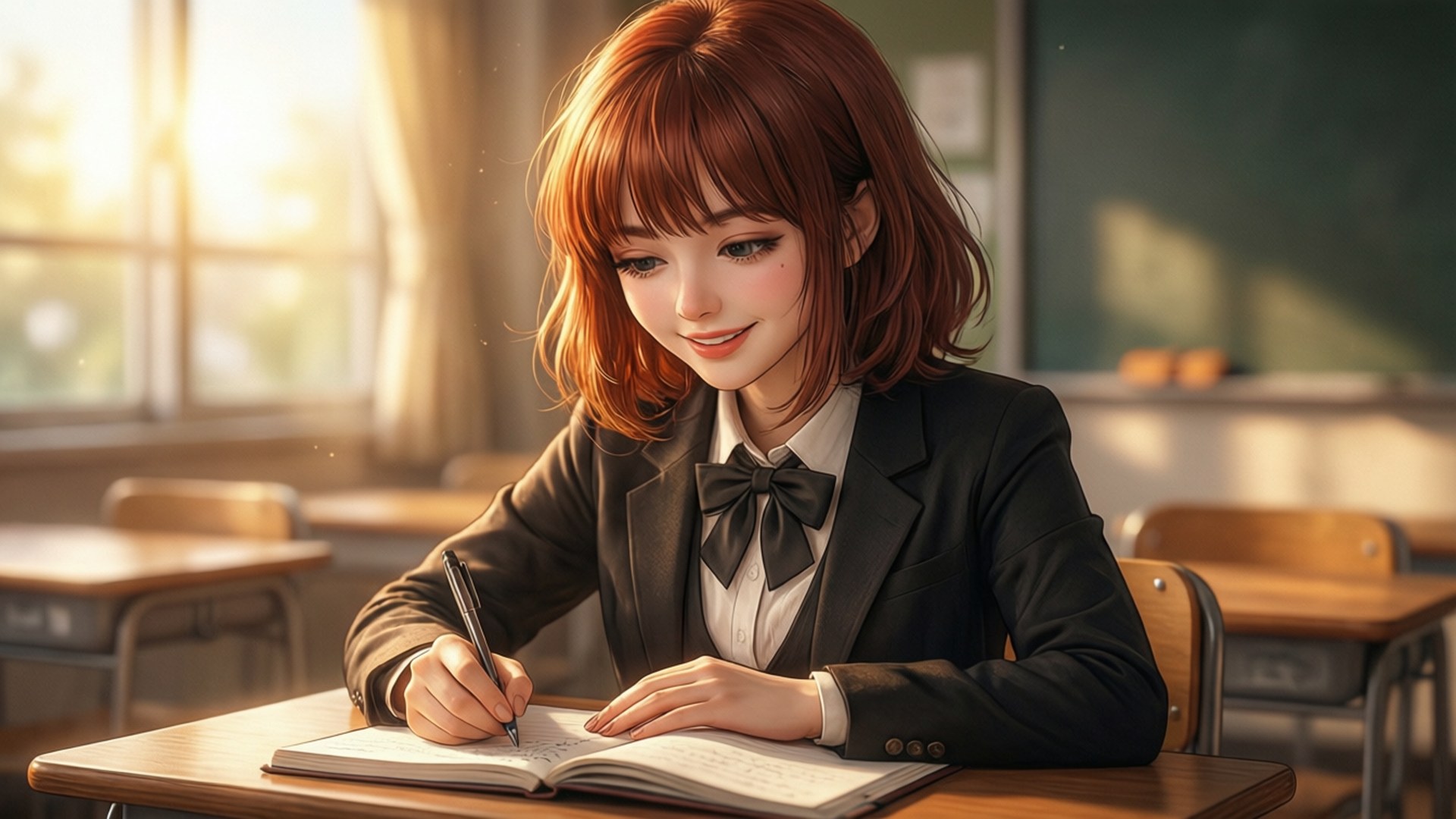 桌布 壁紙 — 一位開心的紅髮動漫女孩穿著校服，在陽光普照的教室裡，在木桌上微笑著寫筆記。