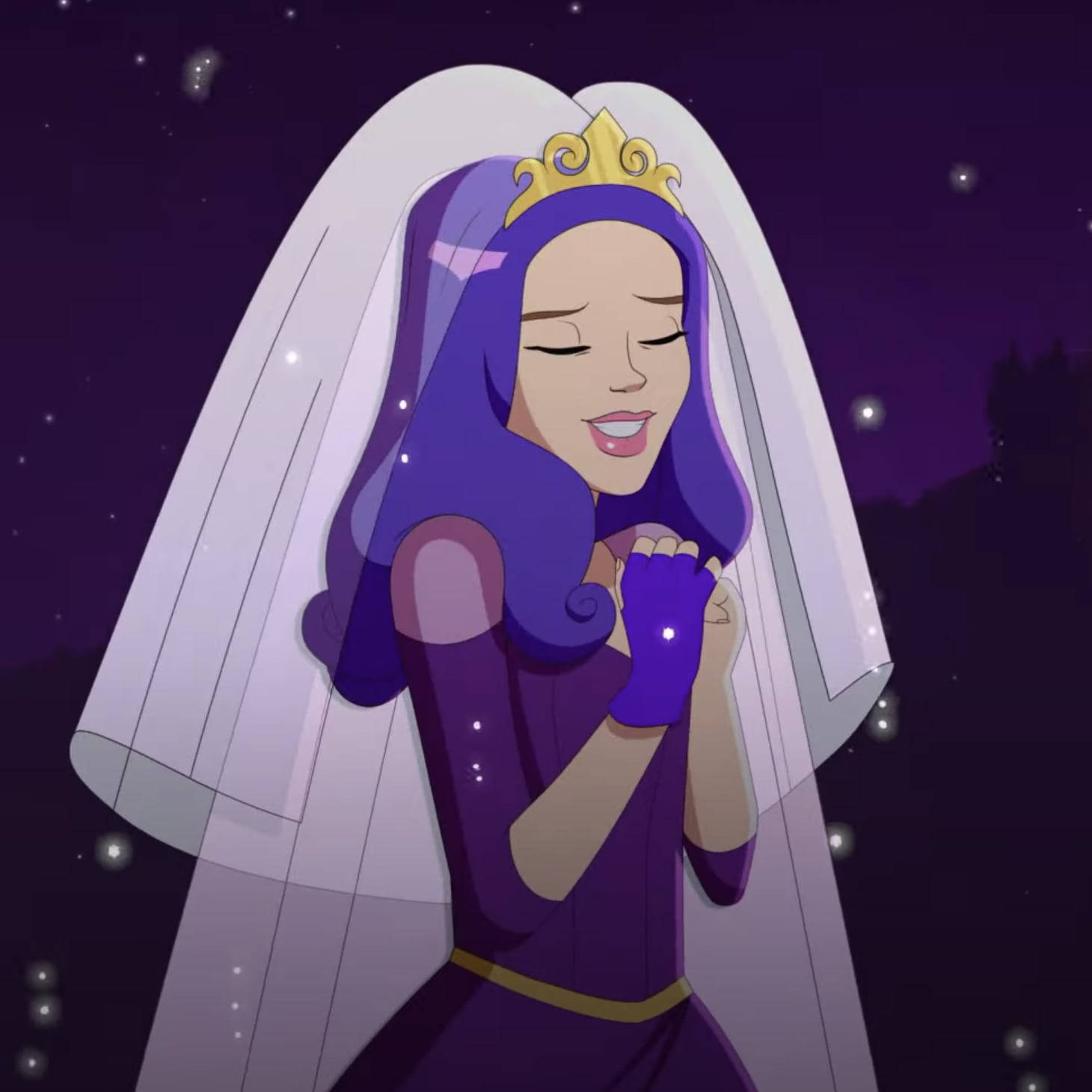 動漫新娘穿著紫色禮服和頭紗，在夜晚的星空下微笑。