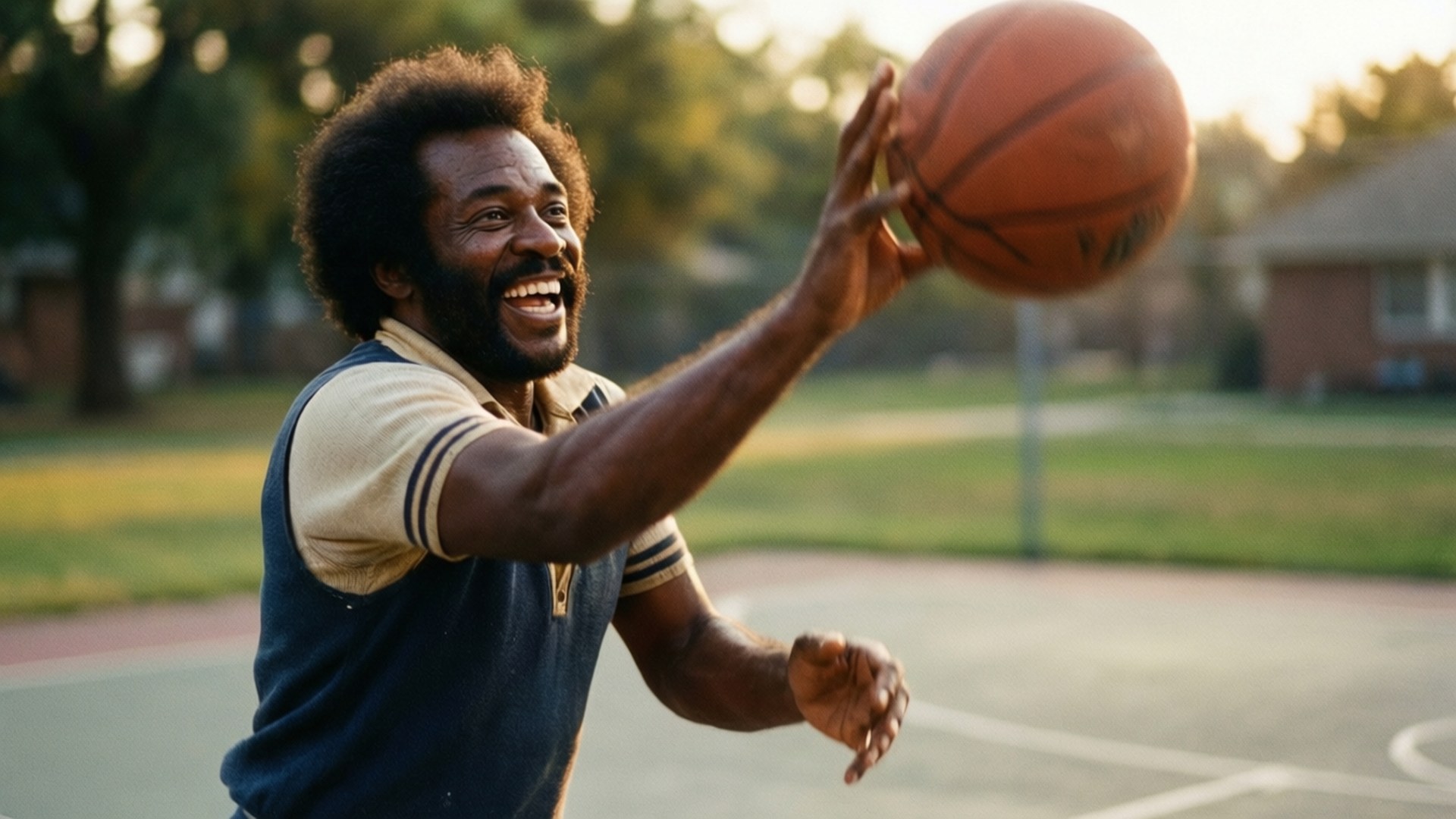 Will Sampson 桌布 壁紙 — 一位快樂的非洲髮型男子在黃金時段的戶外球場上投籃時微笑。