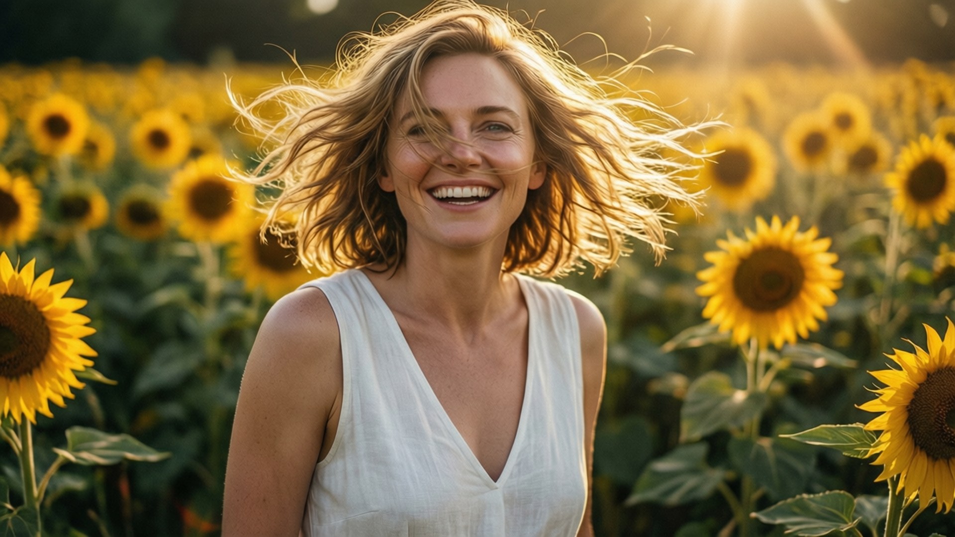 Golden Sunflower 壁紙 — 一位快樂的女人，頭髮被風吹起，在陽光明媚的高大向日葵田裡開懷大笑。