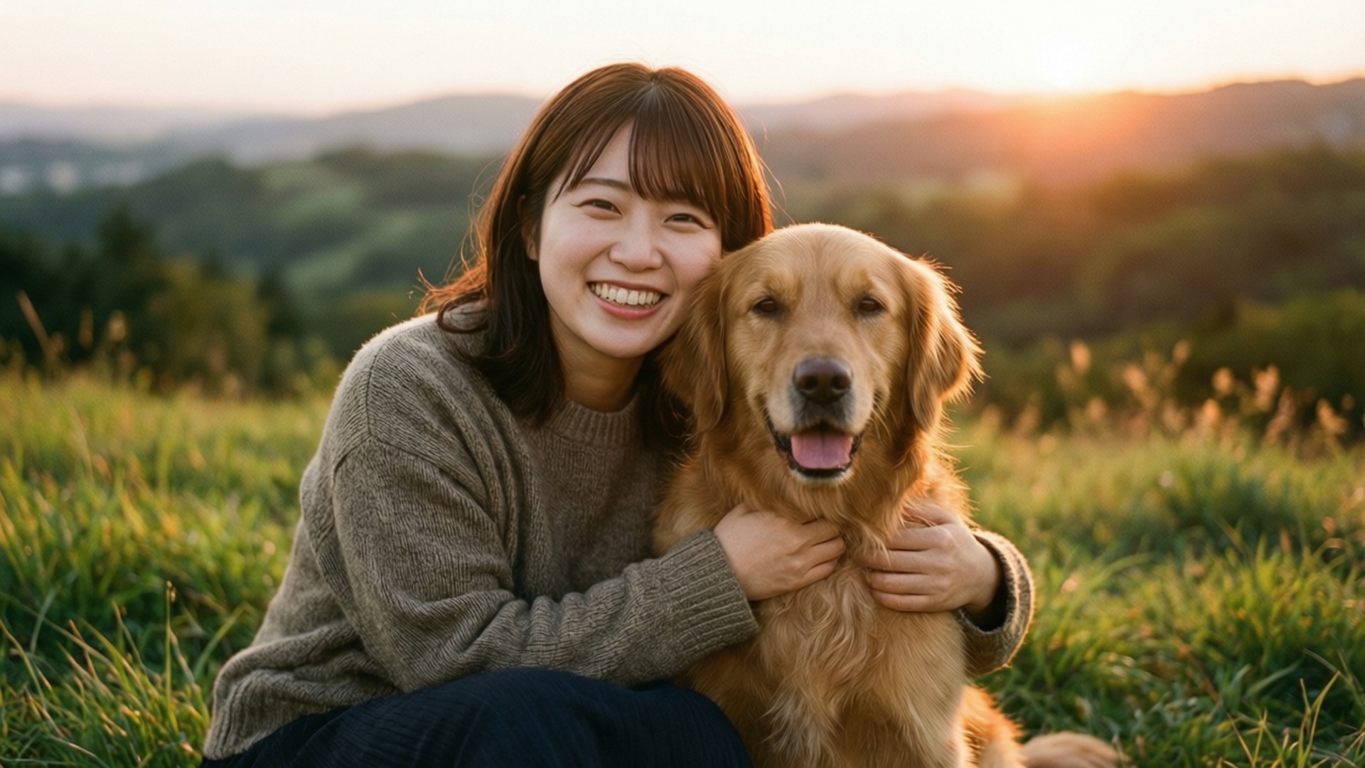 女士微笑著在日落時分的草丘上擁抱她的金毛尋回犬。