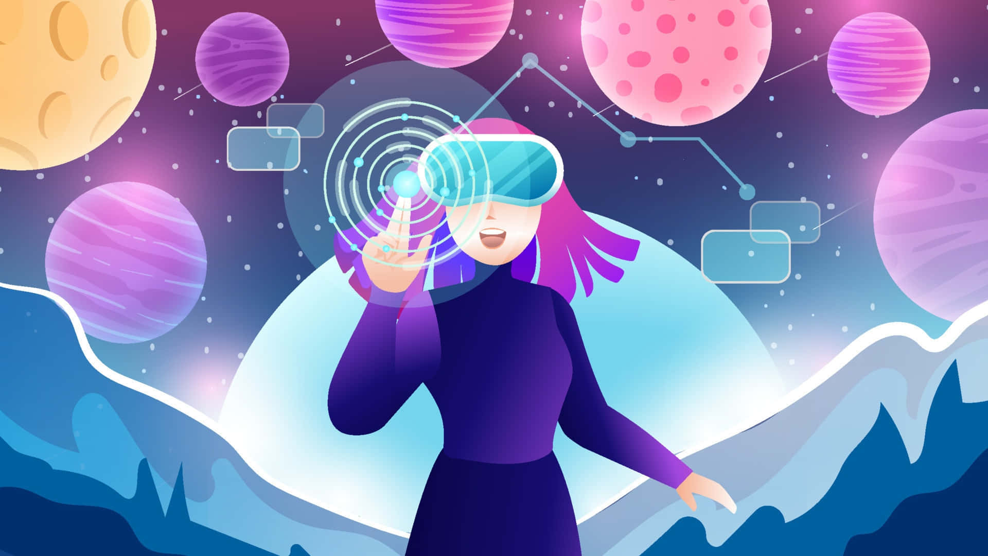  壁紙 — 一位快樂的紫髮女性戴著VR頭戴式裝置，在宇宙景觀中與發光的行星和浮動的UI元素互動。