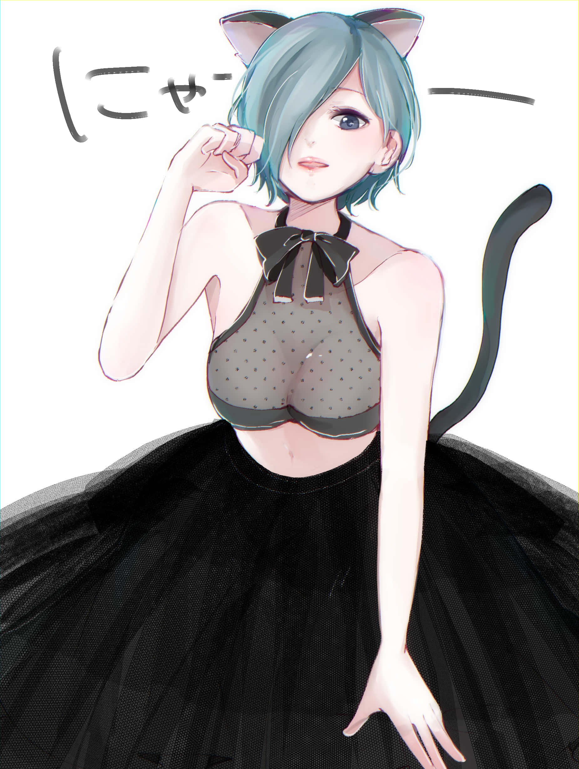 Touka Kirishima 桌布 壁紙 — 一位藍髮的動漫女孩，戴著貓耳和尾巴，自信地穿著黑色圓點上衣和薄紗裙。