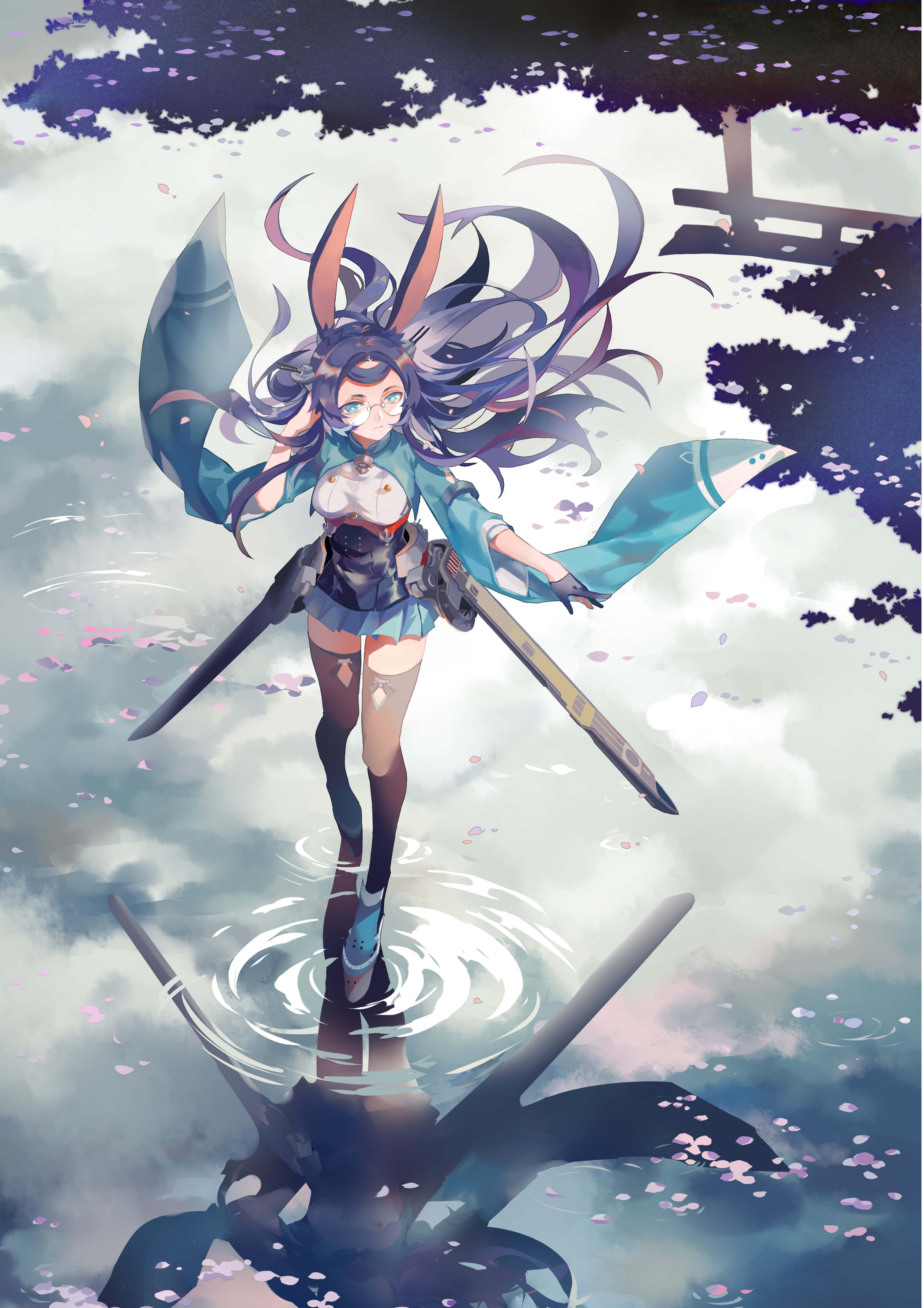Azur Lane Souryuu 桌布 壁紙 — 一位藍髮的動漫女孩戴著兔耳站在水中，手持劍，櫻花飄落在她周圍。