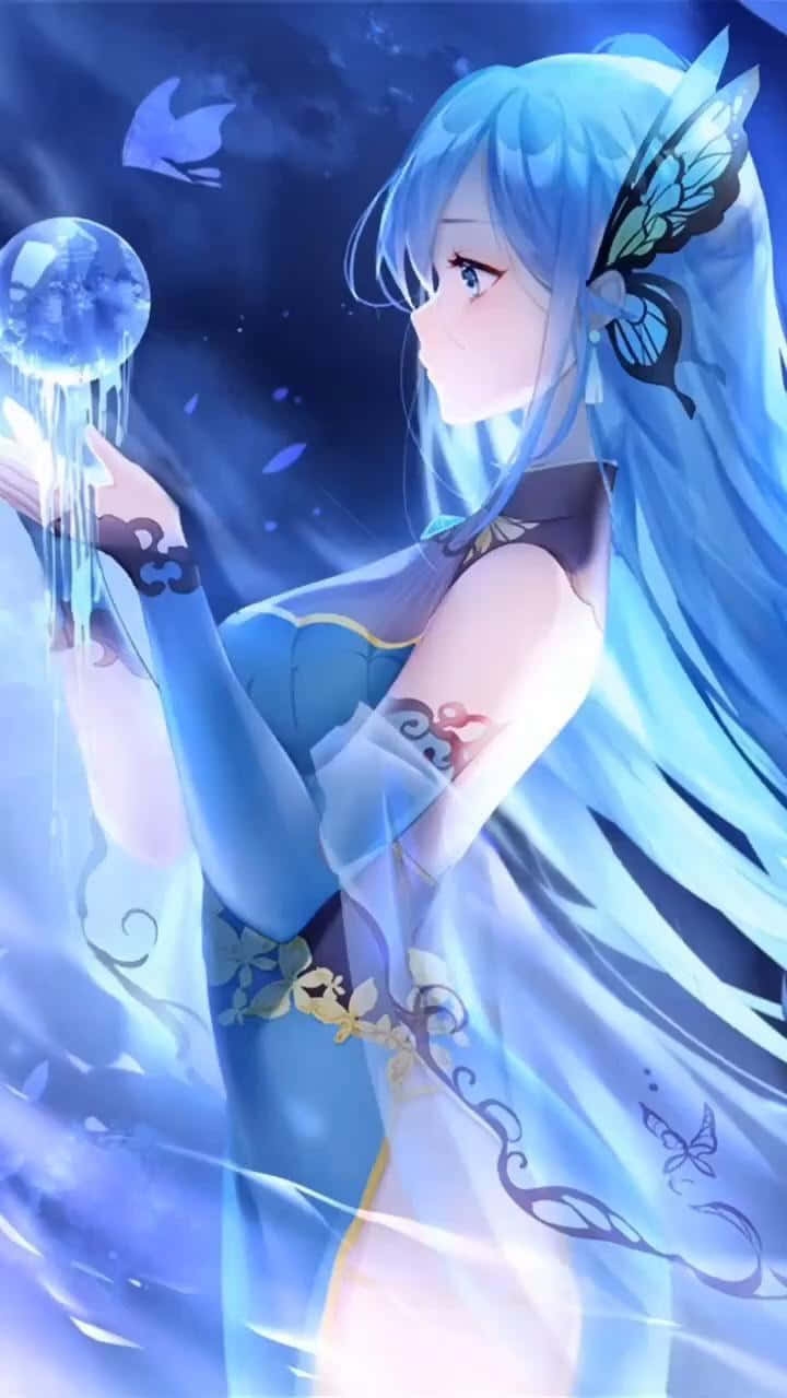  壁紙 — 一位藍髮的動漫女孩，擁有蝴蝶翅膀，在星空下握著一個發光的冰球。