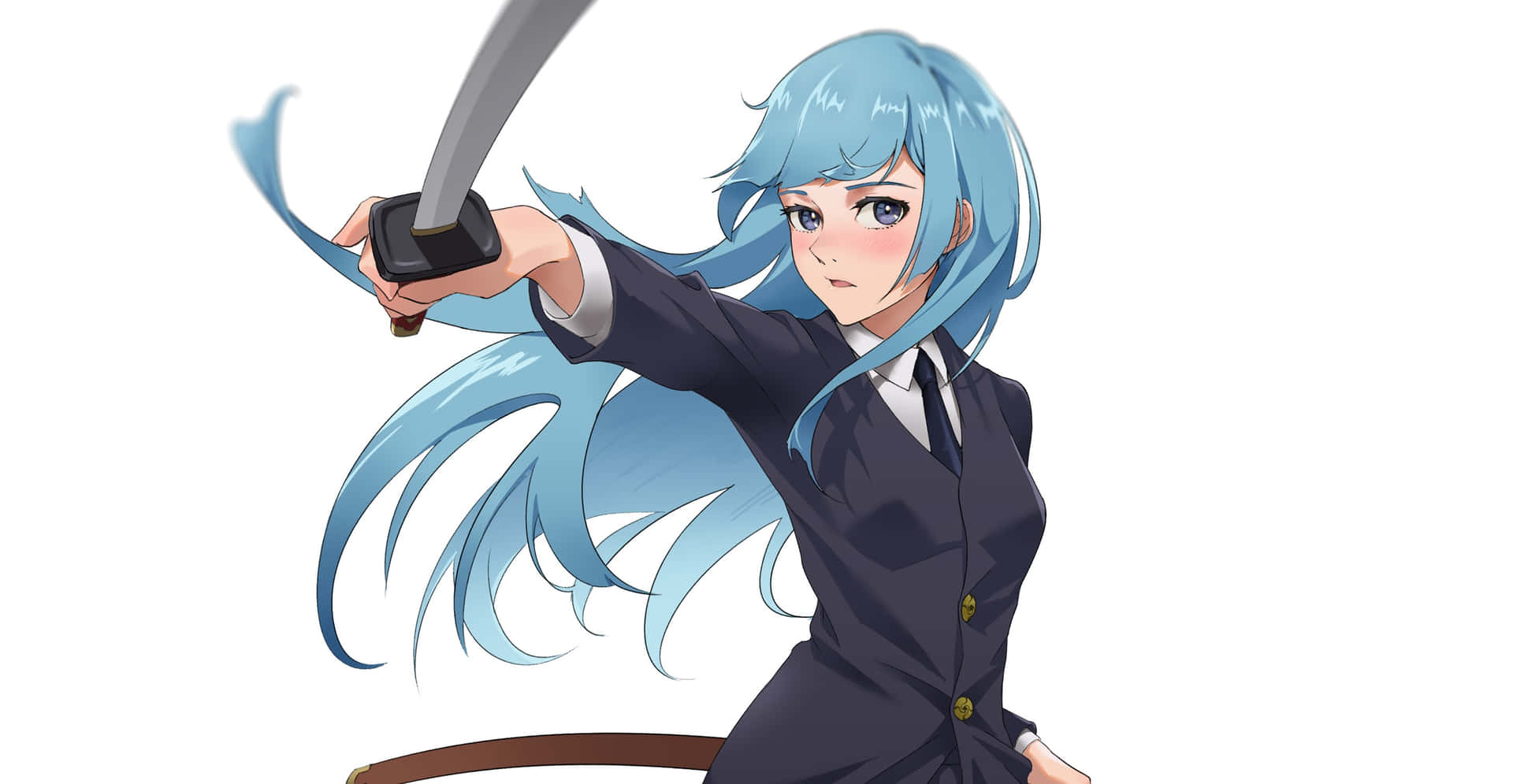  壁紙 — 一位藍髮動漫女學生穿著校服，在純白背景下專注地揮舞著武士刀。