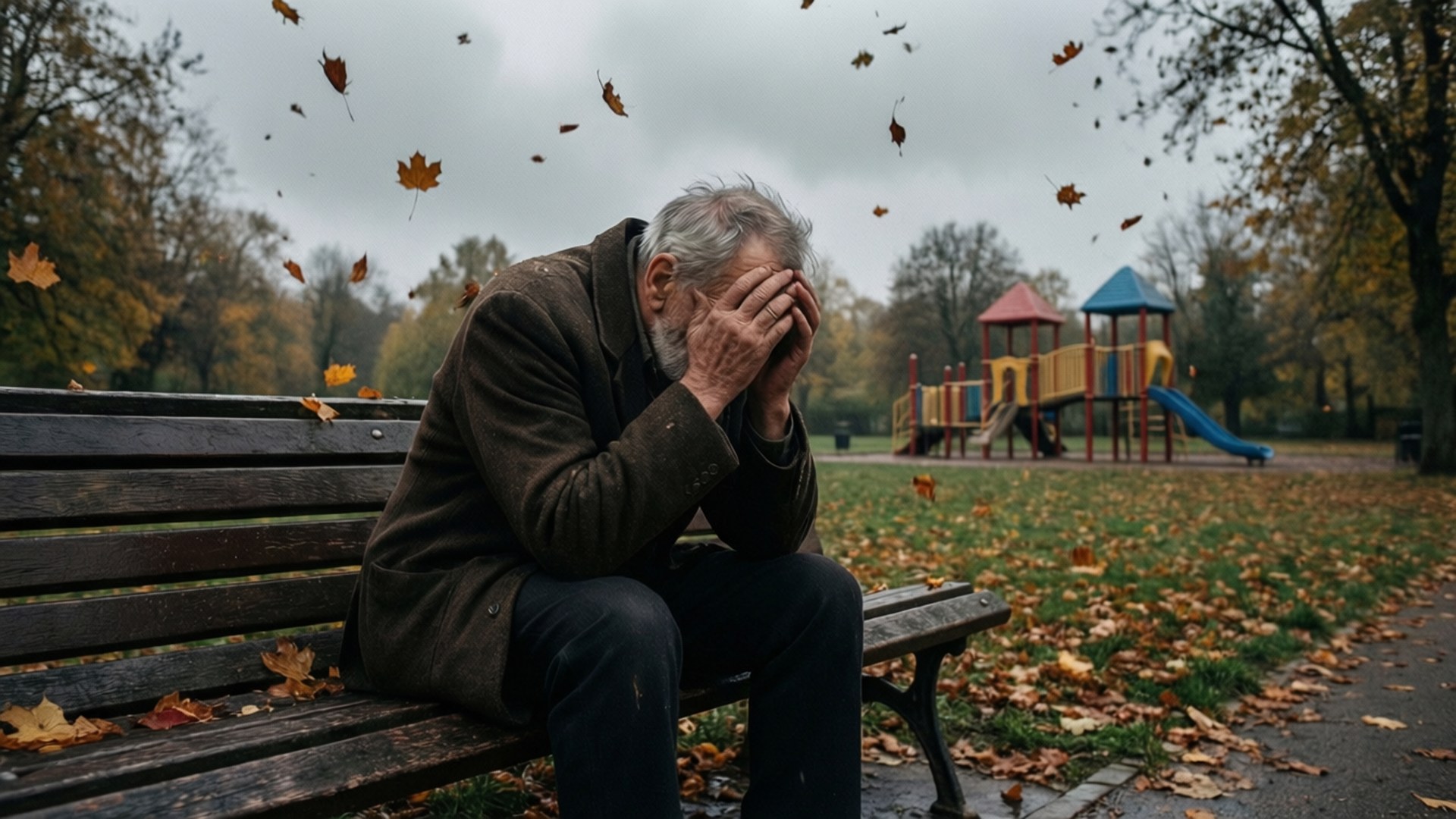 Anguish 桌布 壁紙 — 一位老人坐在公園長椅上，在遊樂場附近，秋葉在他周圍旋轉，他用手遮住臉。