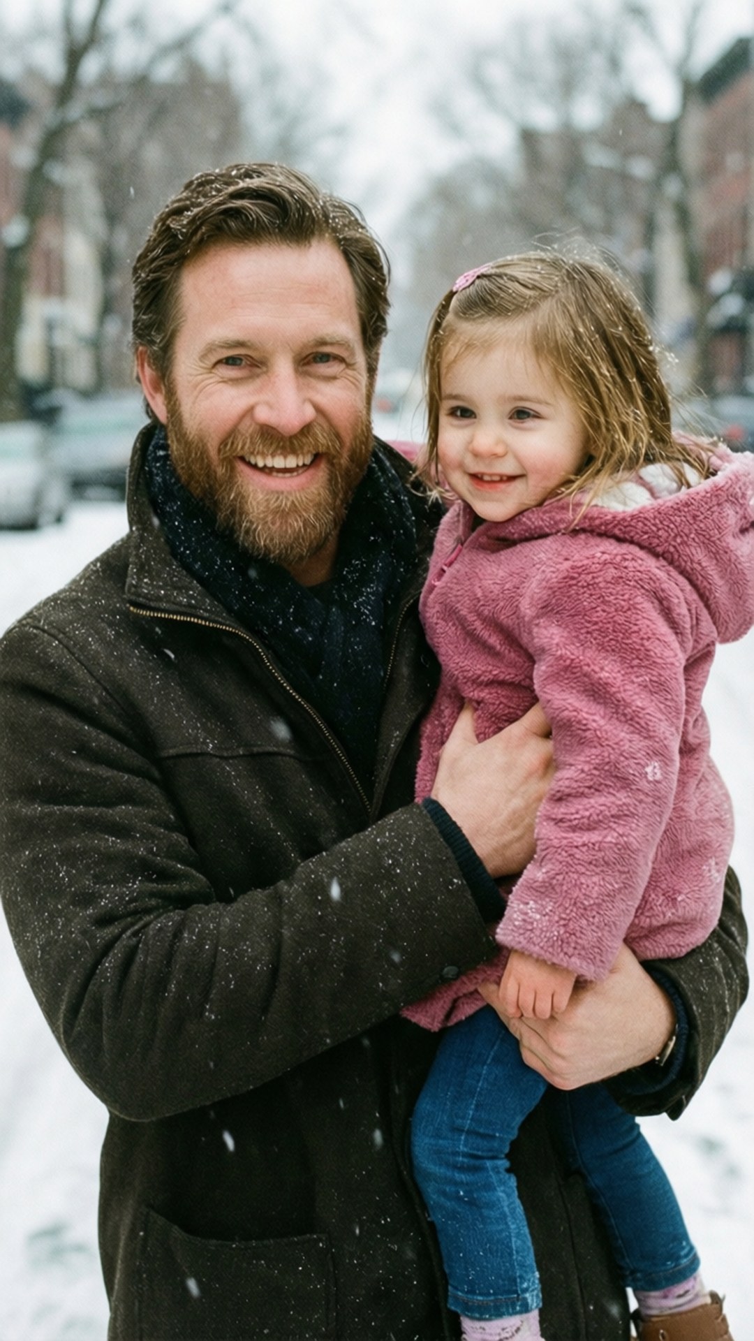 Max and Luna in Snow 壁紙 — 一位留鬍鬚的男人穿著深色外套，抱著一個穿著粉紅色抓毛絨外套、微笑的小女孩，雪花輕輕飄落在他們周圍的冬日街道上。
