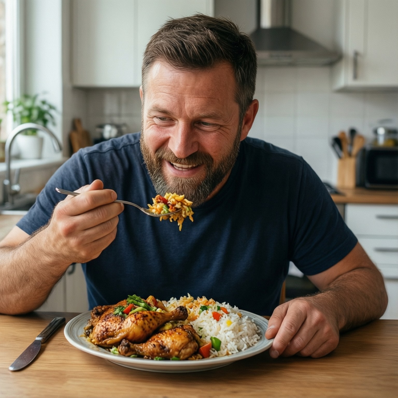 男人在家中的廚房桌上享用雞肉和米飯餐