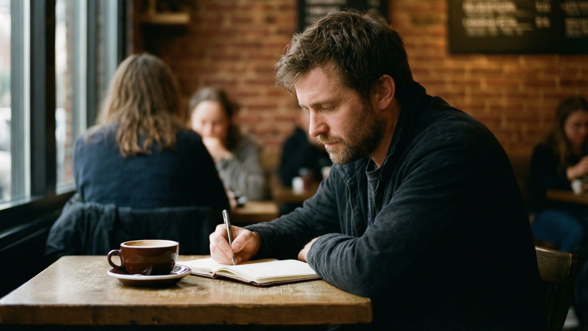 Coffee Shop Contemplation 壁紙 — 一位留鬍鬚的男子在舒適的磚牆咖啡館的木桌上寫筆記，旁邊放著一杯咖啡。