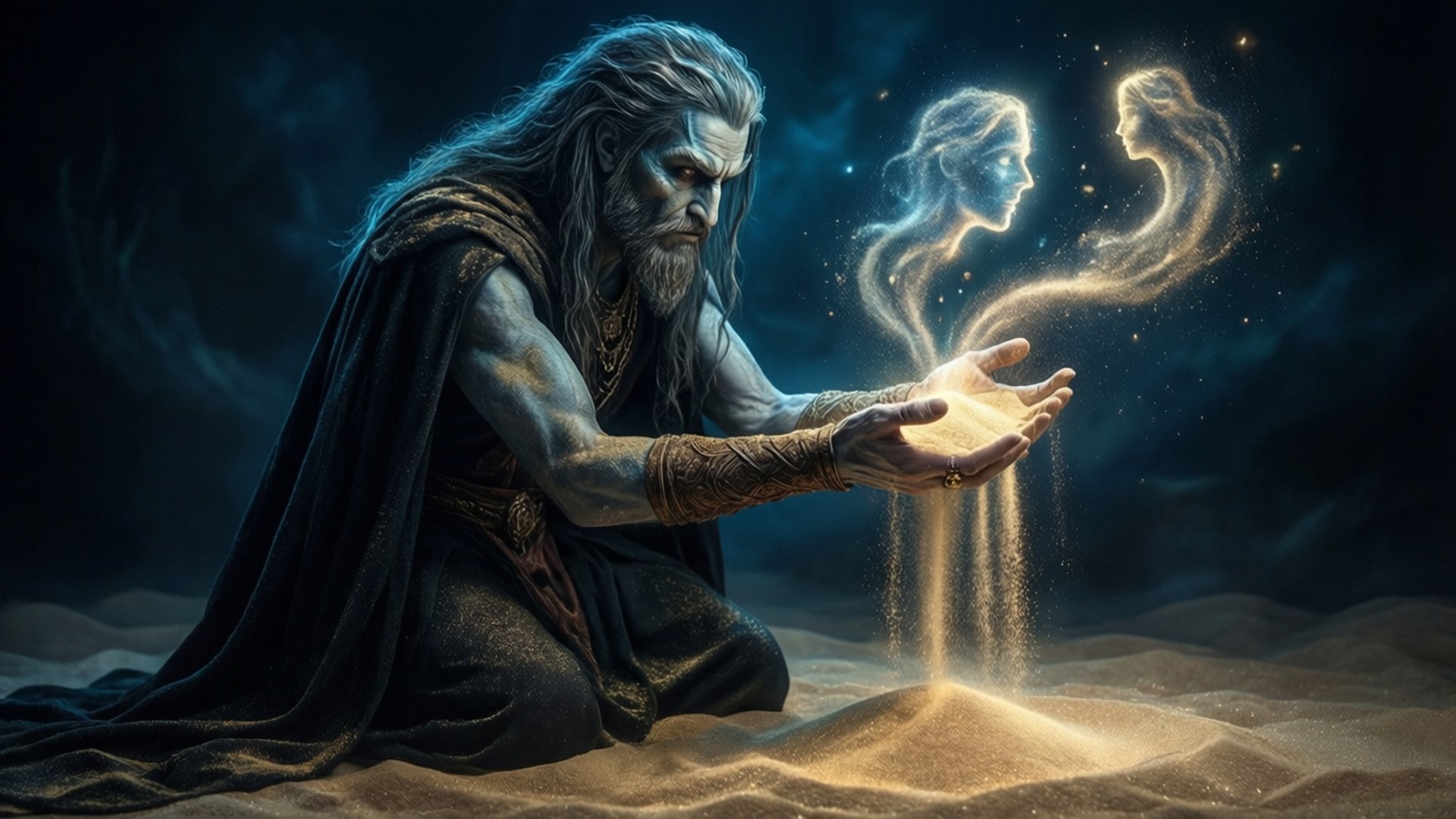 巫師倒出發光的沙，在黑暗神秘場景中形成幽靈般面孔