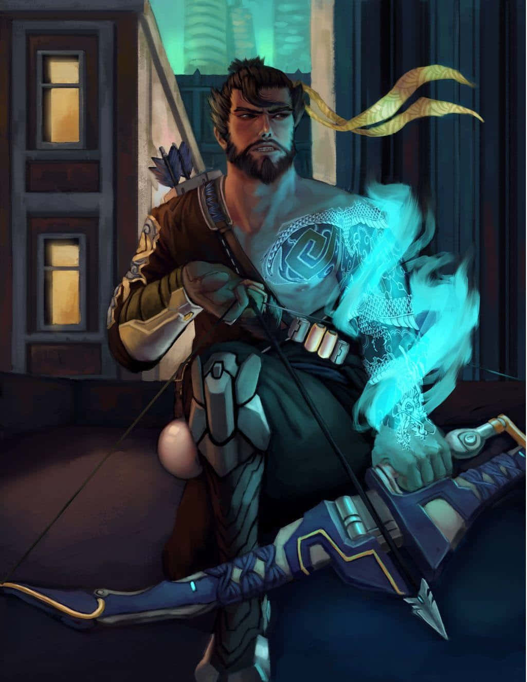 Overwatch Hanzo 桌布 壁紙 — 一位留鬍子的弓箭手，身上有發光的藍色紋身，在夜晚昏暗的城市小巷中拉開一把未來風格的弓。