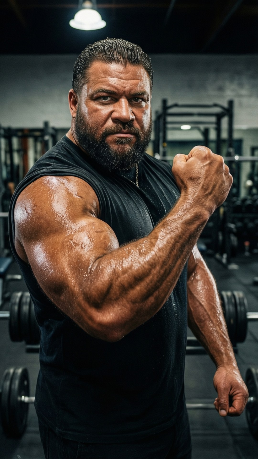 Gym Flex Motivation 壁紙 — 一位留鬍子的肌肉男在健身房彎曲手臂，汗水在明亮的頂燈下閃閃發光。