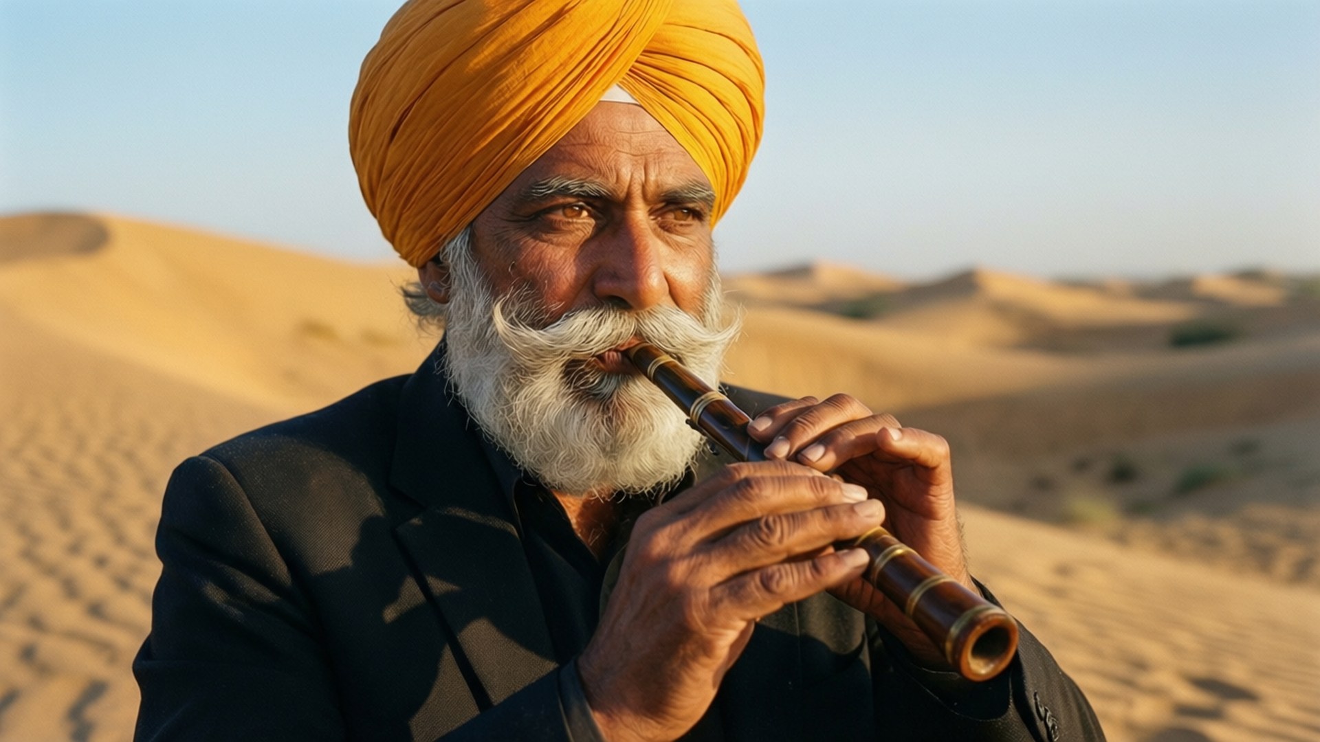 Jaisalmer Desert Festival 桌布 壁紙 — 一位留著白鬍子、戴著橙色頭巾的長者，在金色沙漠沙丘的背景下，於日落時分吹奏木笛。