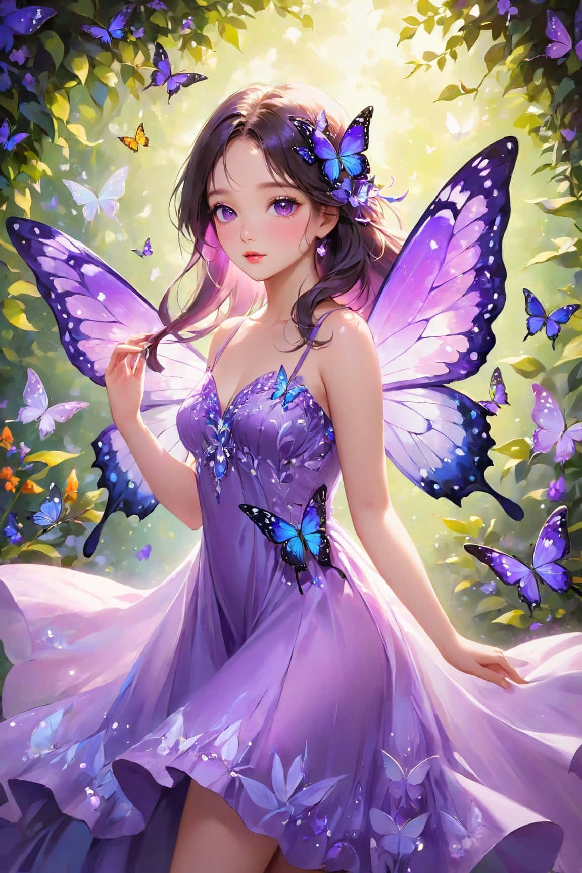  壁紙 — 一位美麗的動漫風格仙子，擁有紫色翅膀和裙子，站在陽光普照的花園中，周圍蝴蝶翩翩飛舞。