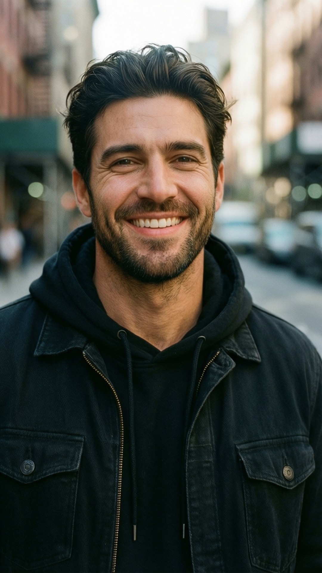 Candid Smile 壁紙 — 一位面帶微笑、深色頭髮和鬍鬚的男子，在城市街道上穿著黑色連帽衫和外套。
