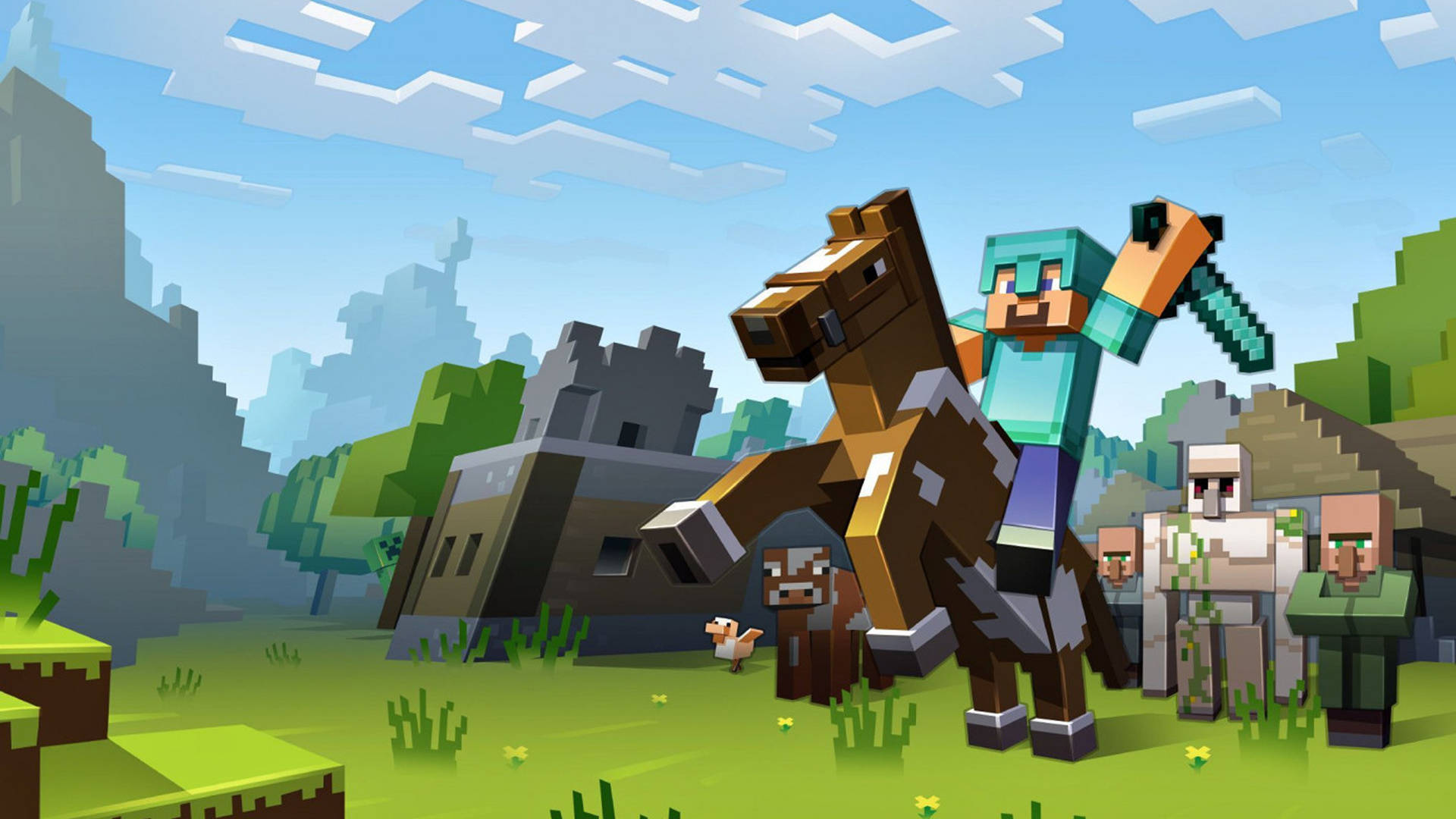 Minecraft玩家在方塊世界中與朋友在城堡附近騎馬。