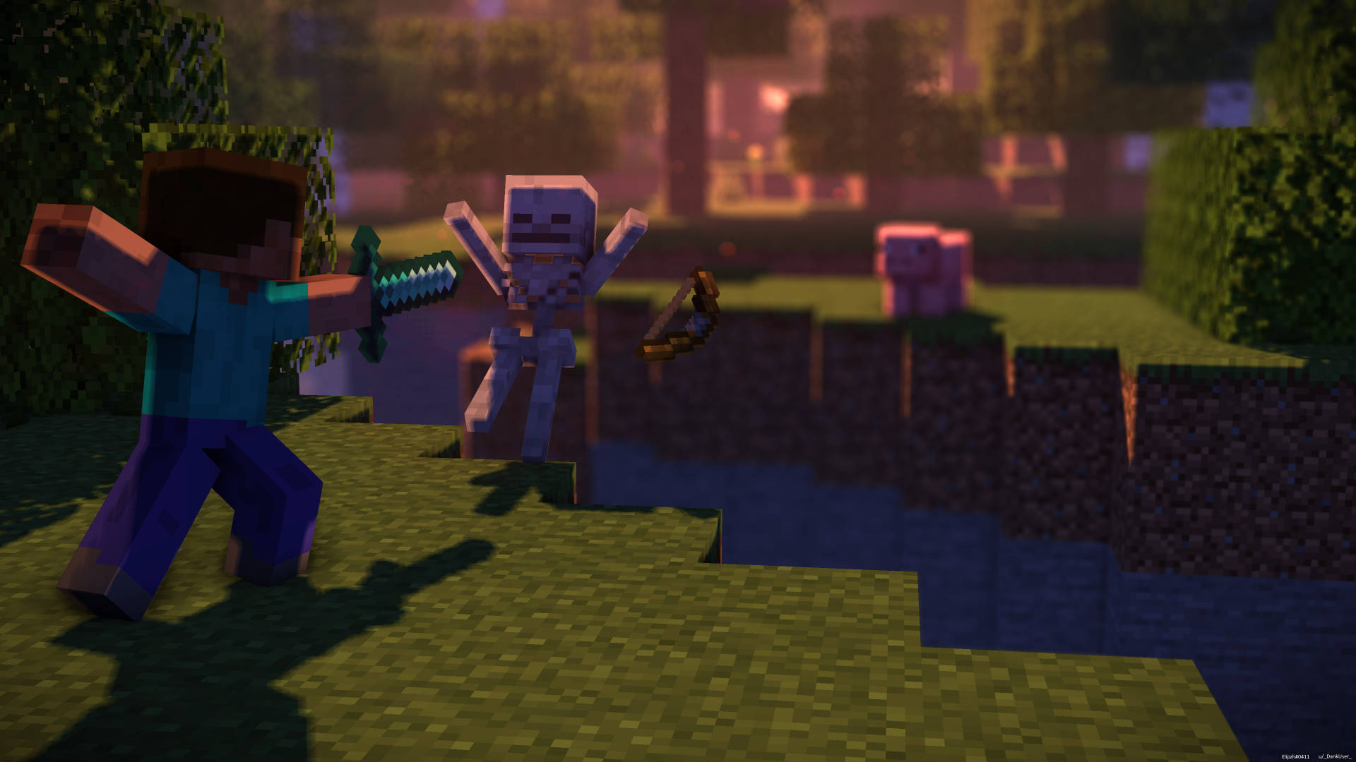 Minecraft玩家在像素化世界中與附近的豬和骷髏戰鬥於黃昏。