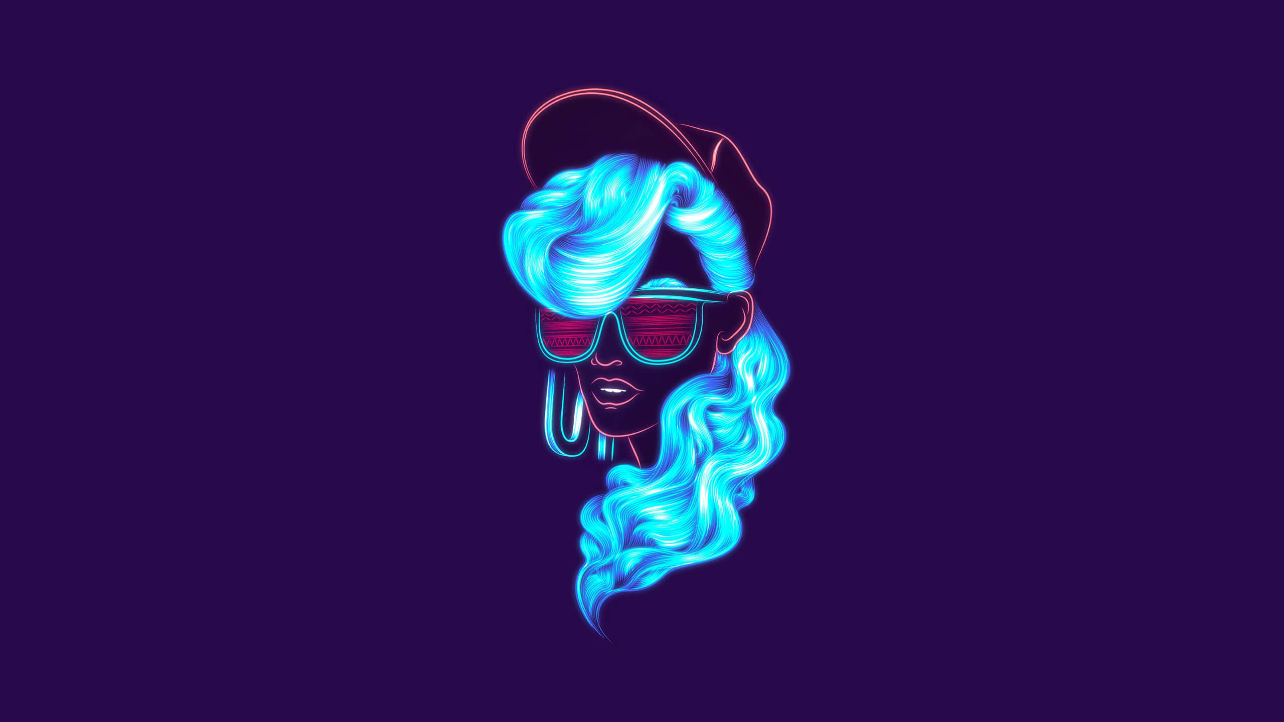 Neon Nature 桌布 壁紙 — 一位霓虹燈風格的時尚女性，擁有發光的藍色頭髮和太陽眼鏡，背景為深紫色。