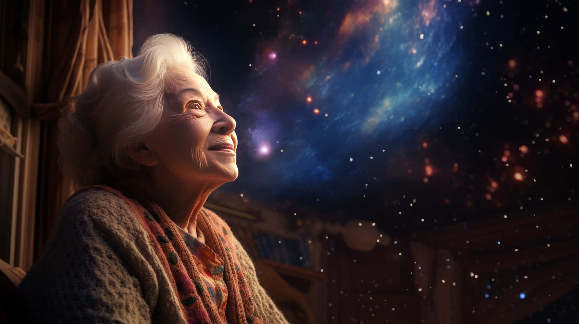  壁紙 — 一位年長女士透過窗戶，驚嘆地凝視著一片充滿活力的宇宙星雲。