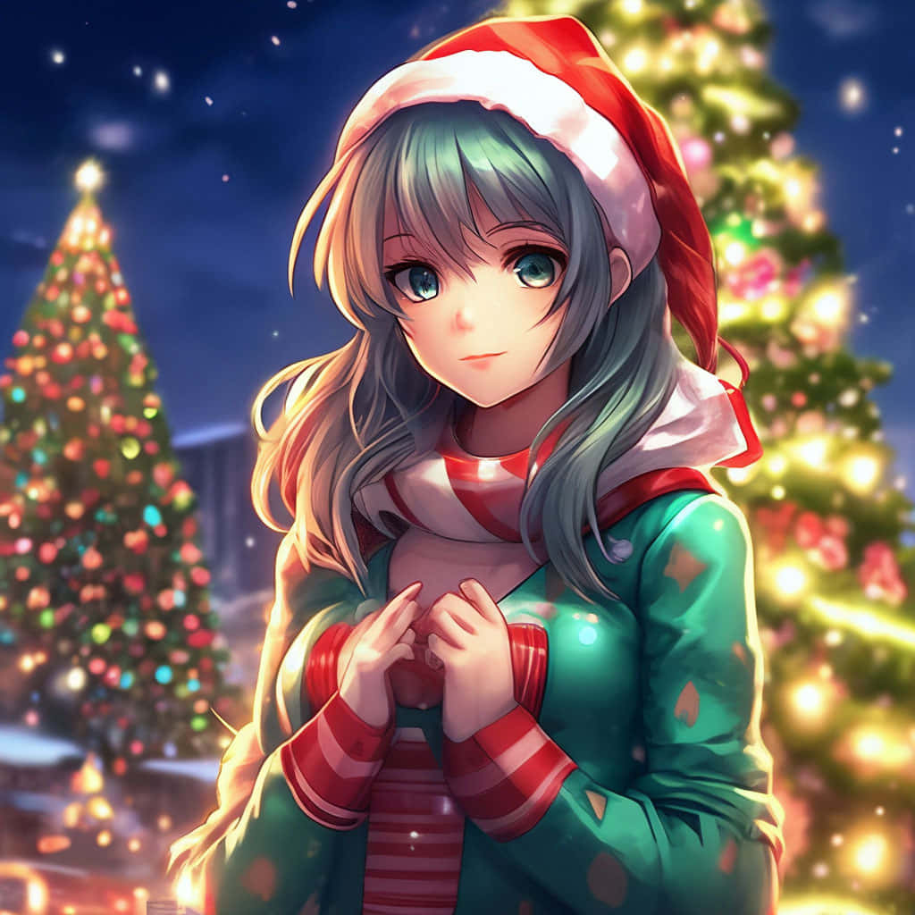  壁紙 — 一位年輕的動漫女孩穿著節日服裝，站在星光燦爛的夜空下閃爍的聖誕樹前。
