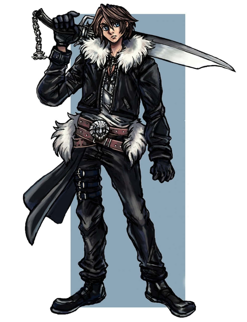 Squall Leonhart 桌布 壁紙 — 一位年輕的動漫戰士穿著黑色毛皮襯裡大衣，在純藍色背景前揮舞著一把大劍。