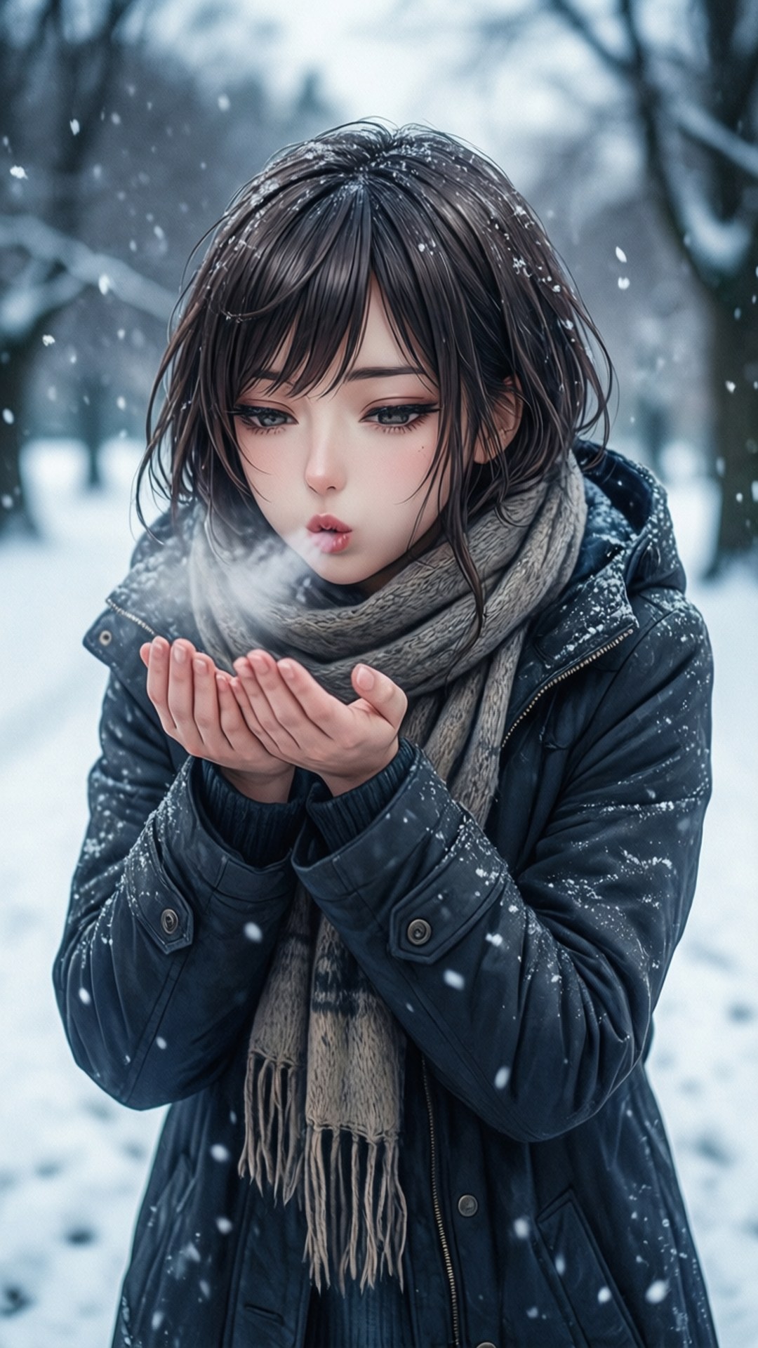 Luculia Marlborough 桌布 壁紙 — 一位年輕女子穿著冬季外套，在寂靜的森林中，雪花輕輕飄落，她將雙手捧起，呼出溫暖的氣息。