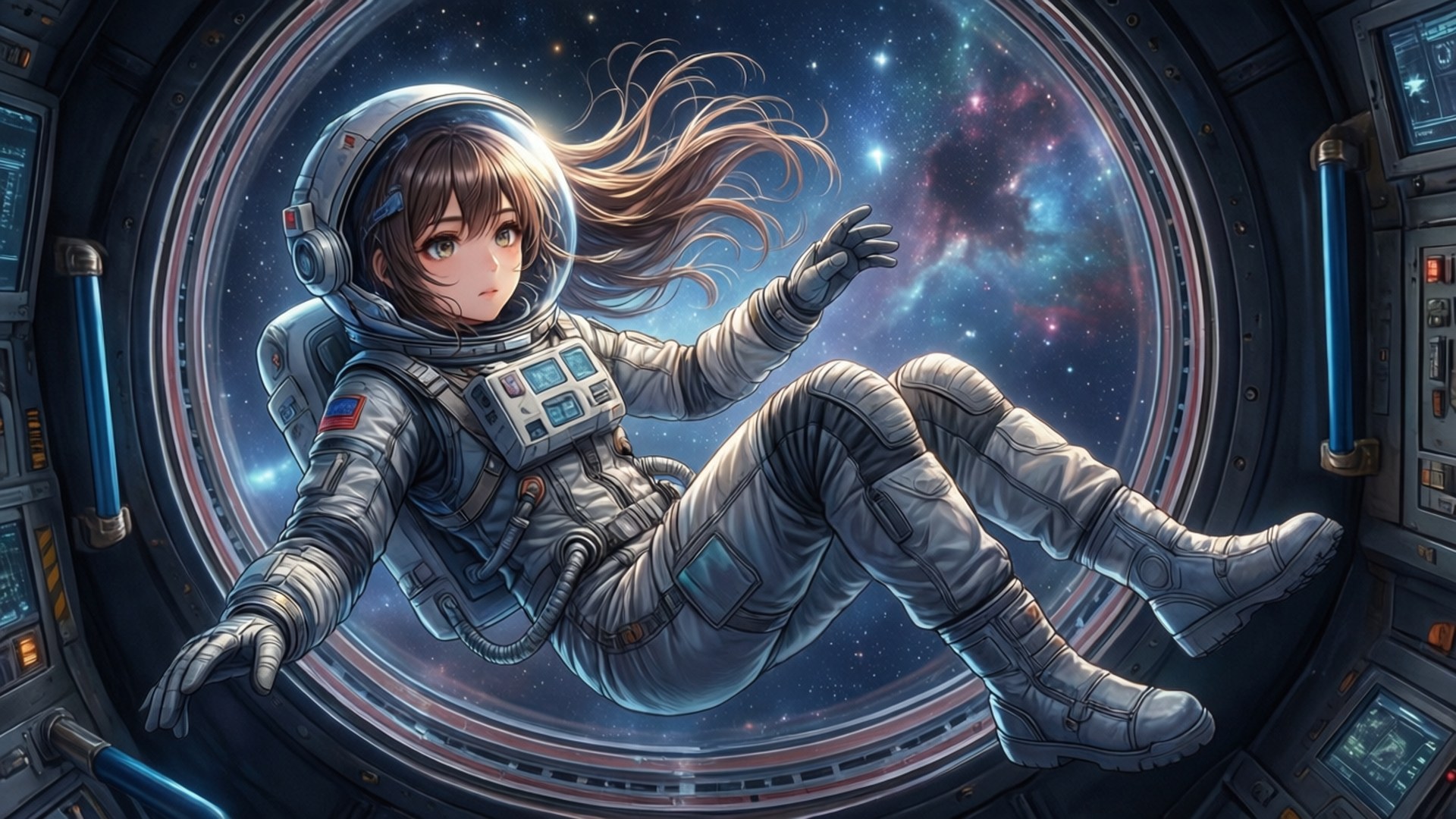 一位穿著太空衣的年輕女太空人在太空船內漂浮，看著色彩繽紛的星雲。