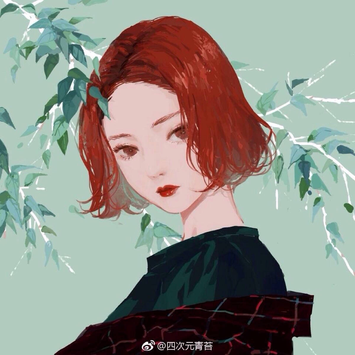 動漫女孩，紅髮綠葉，柔和粉彩背景。