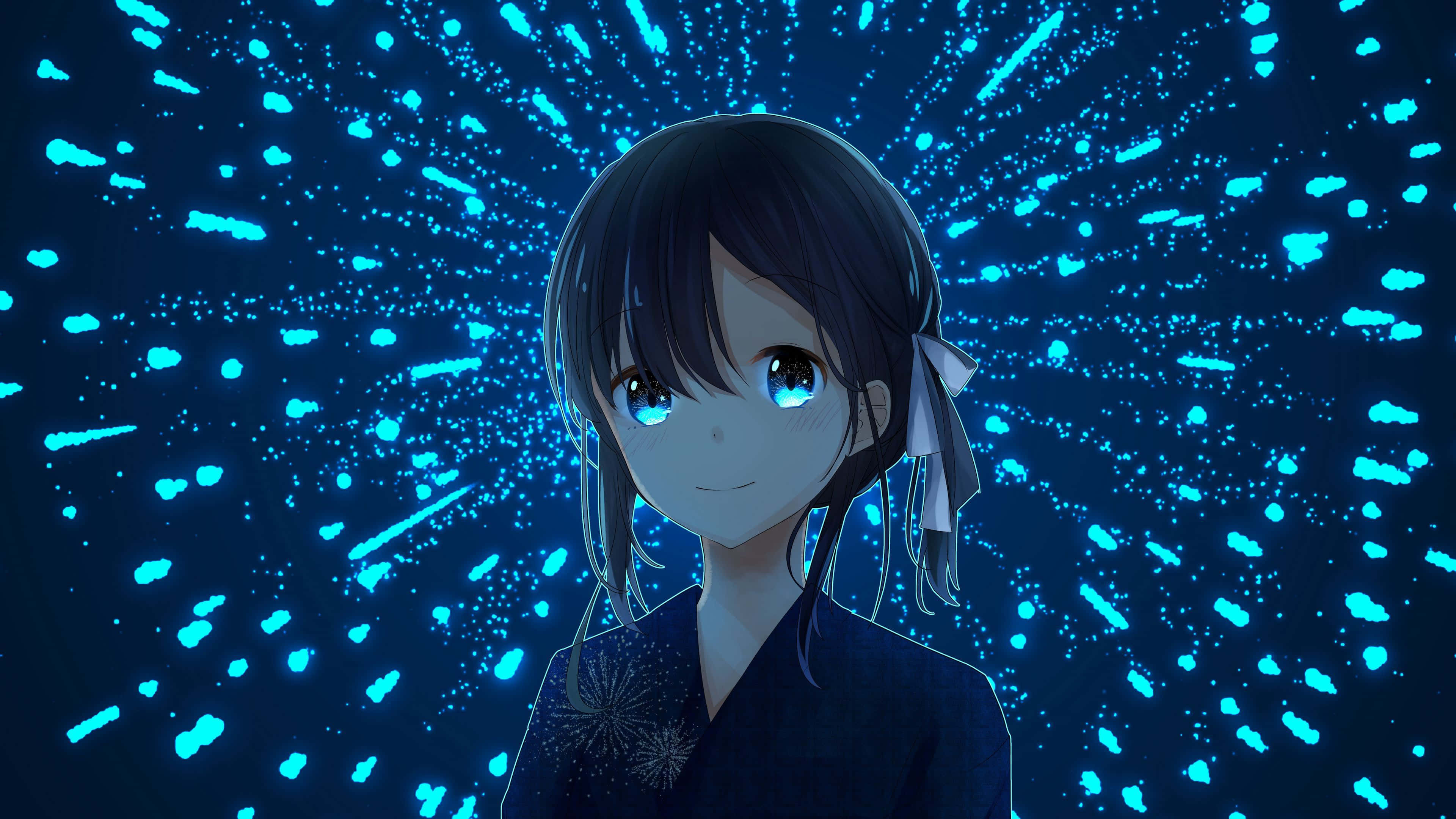 動漫少女置身於奇幻世界 壁紙 — 一位寧靜的動漫女孩，擁有發光的藍色眼睛和深色頭髮，在充滿閃爍粒子的宇宙藍色背景上溫柔地微笑。