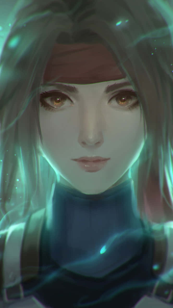  壁紙 — 一位寧靜的動漫女孩，擁有琥珀色的眼睛和發光的青綠色能量，在她深色的頭髮和肩膀周圍旋轉。