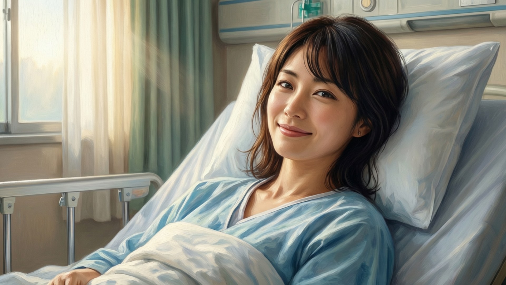 年輕女子在醫院的床上平靜地微笑，陽光透過窗戶照進來。