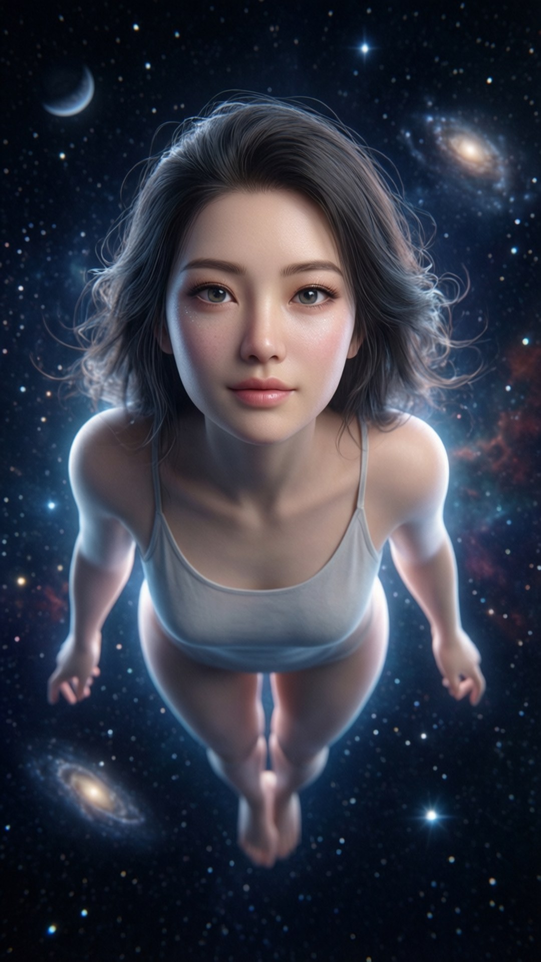 一位女性在太空中漂浮，被星星和星系環繞。