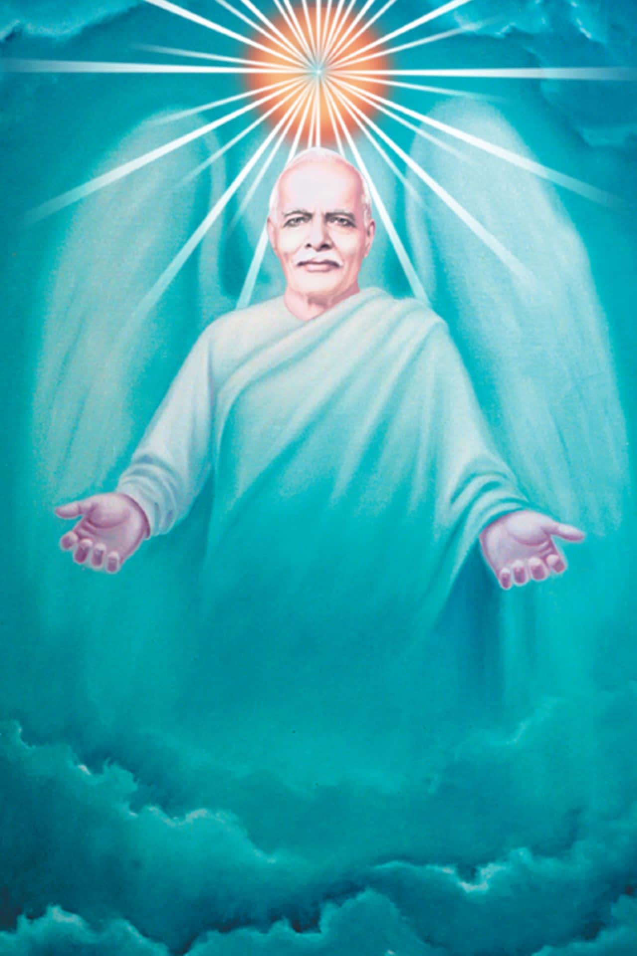  壁紙 — 一位平靜的光頭男子身穿白袍，漂浮在雲端之上，頭部散發出耀眼的光芒。