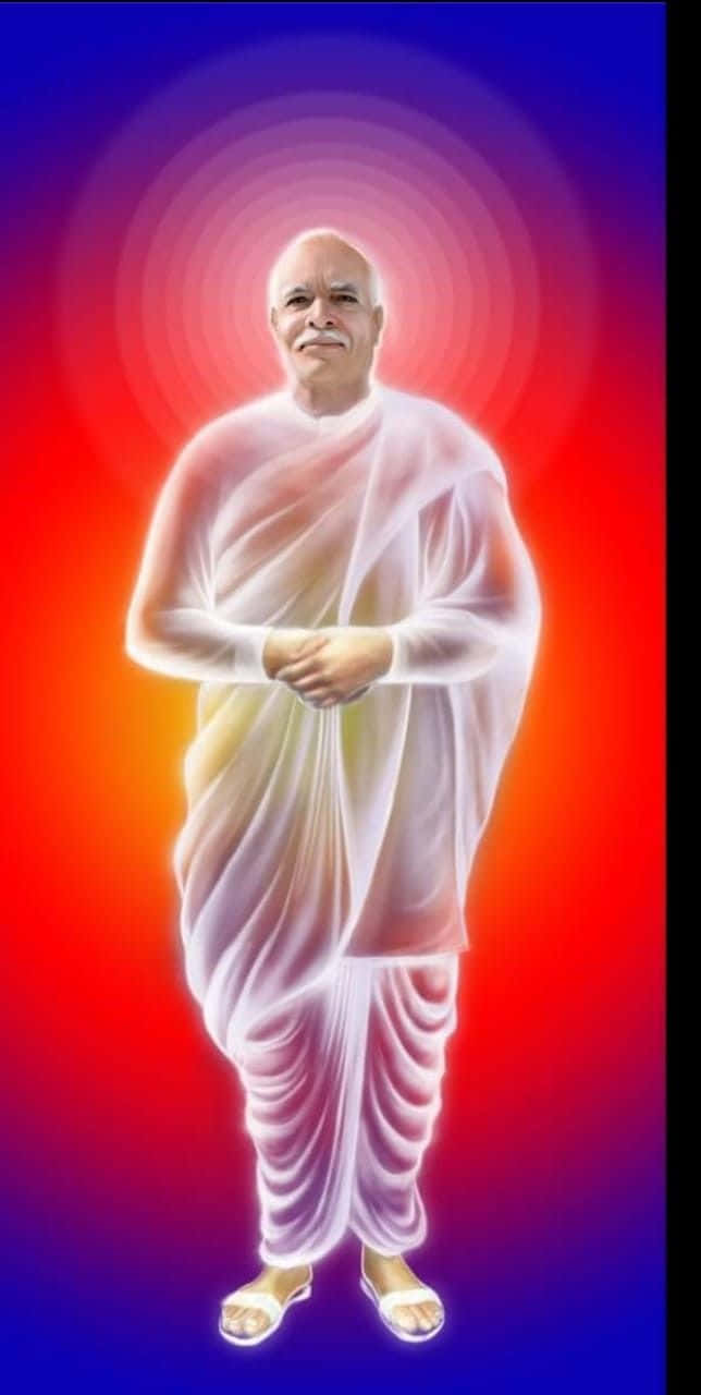  壁紙 — 一位平靜的光頭男子身穿白色長袍，雙手合十，背景是絢麗的紅藍漸變色和發光的同心圓。