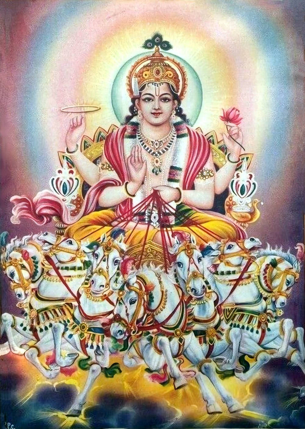 神聖的印度教女神駕著由七匹白馬拉動的戰車，散發著耀眼的光環。