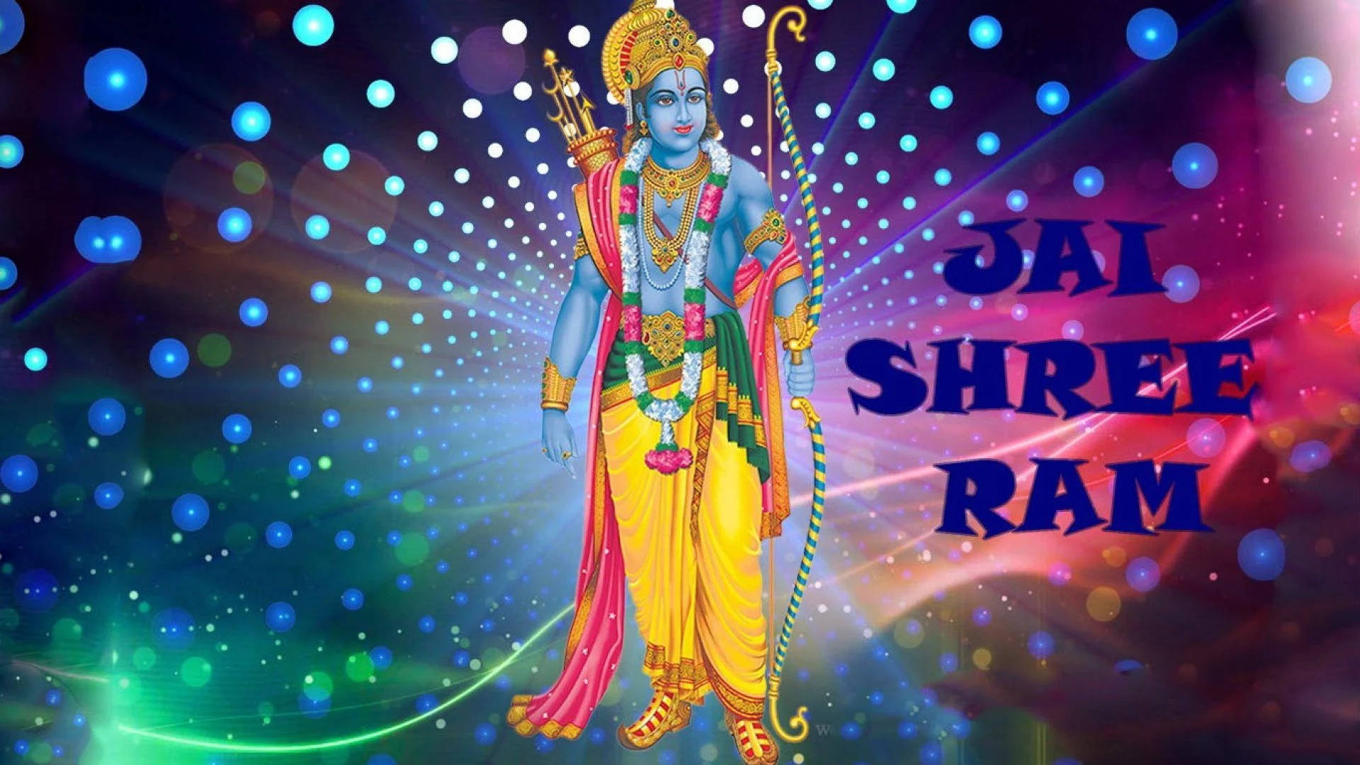手持弓箭的印度教神祇，被發光球體和文字 Jai Shree Ram 環繞