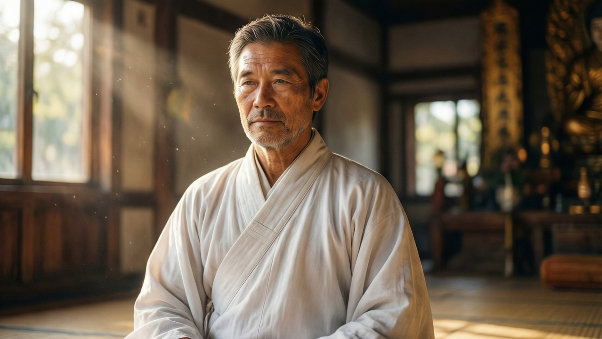 一位身穿白色長袍的日本長者，在陽光照射的傳統木造房間裡平靜地坐著。