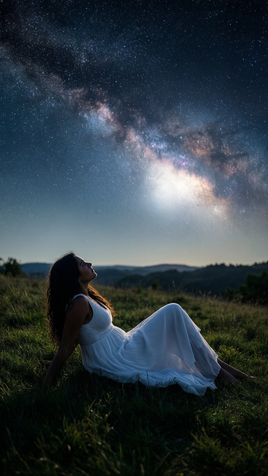 身穿白色連衣裙的女子躺在草地上，星空下可見銀河