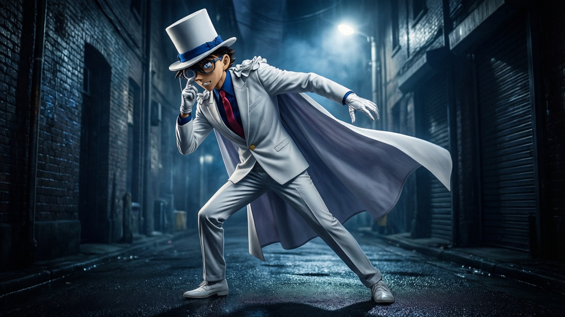 Magic Kaito 桌布 壁紙 — 一位身穿白色西裝、頭戴高帽的偵探，在夜晚霧氣瀰漫、霓虹燈閃爍的小巷中自信地大步前行。