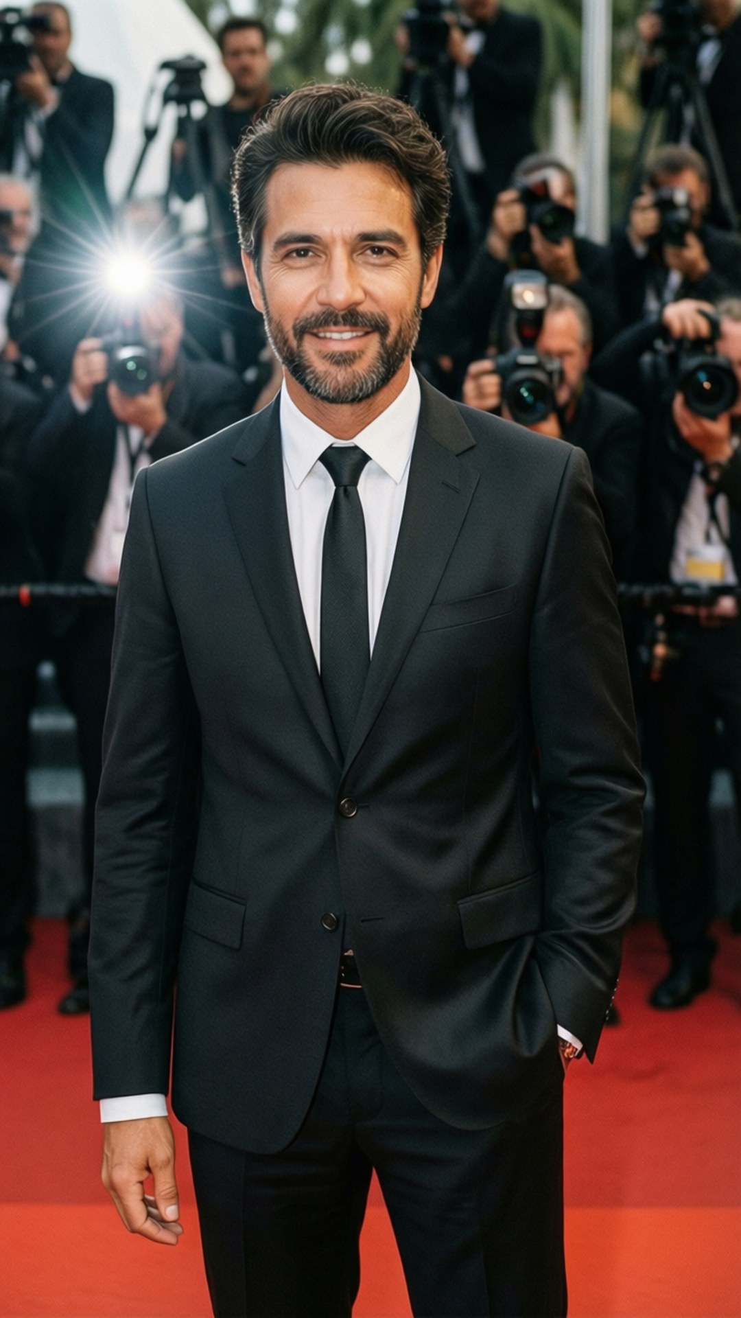 Red Carpet Look 壁紙 — 一位身穿筆挺黑色西裝、面帶微笑的男子，自信地站在紅地毯上，周圍閃光燈和攝影師不斷。